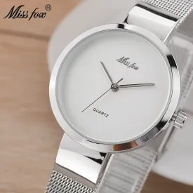 Miss Fox Silver Minimalist Watch Steel Slim Simple Style Ultra Thin Watch Waterproof