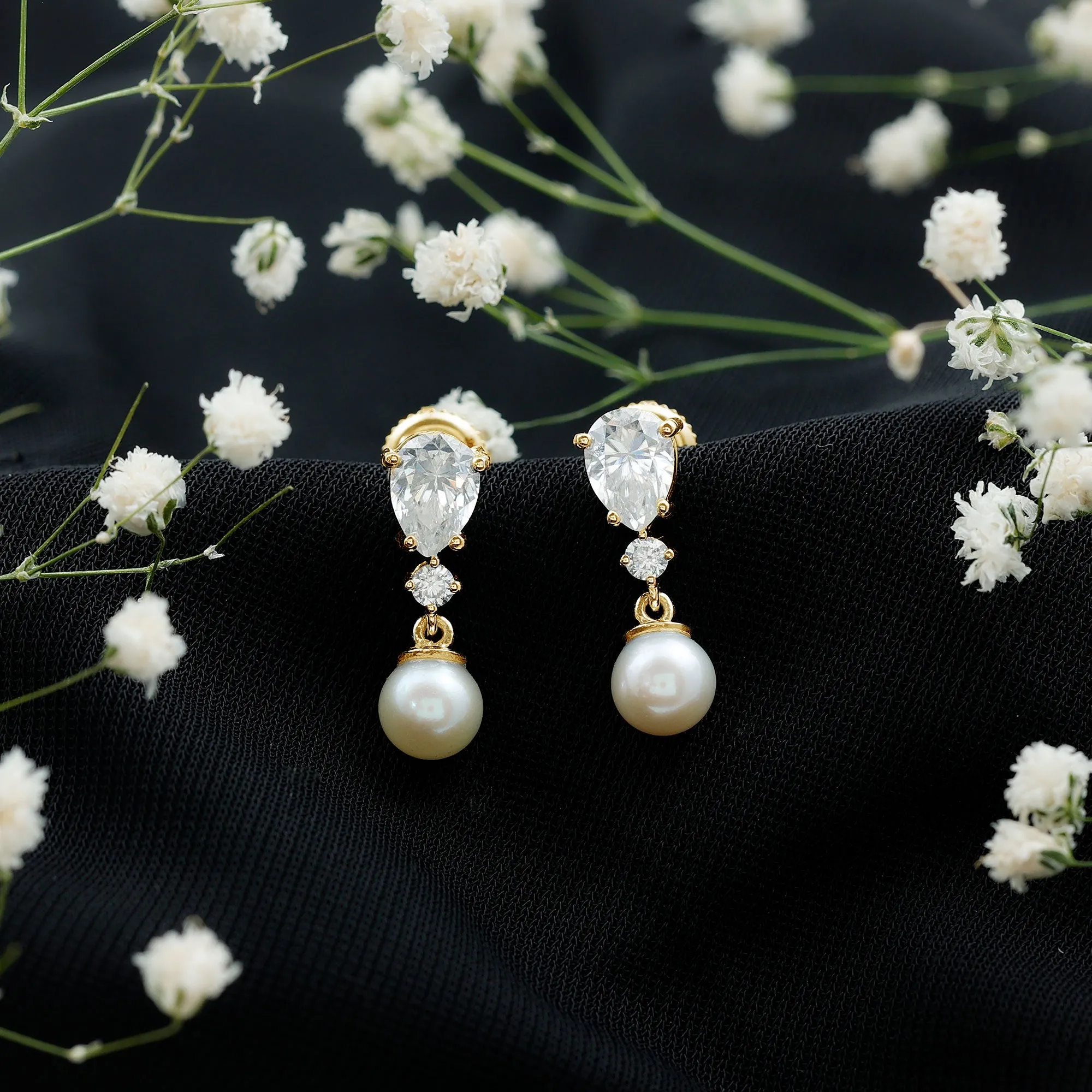 Moissanite and Freshwater Pearl Dangle Drop Earrings