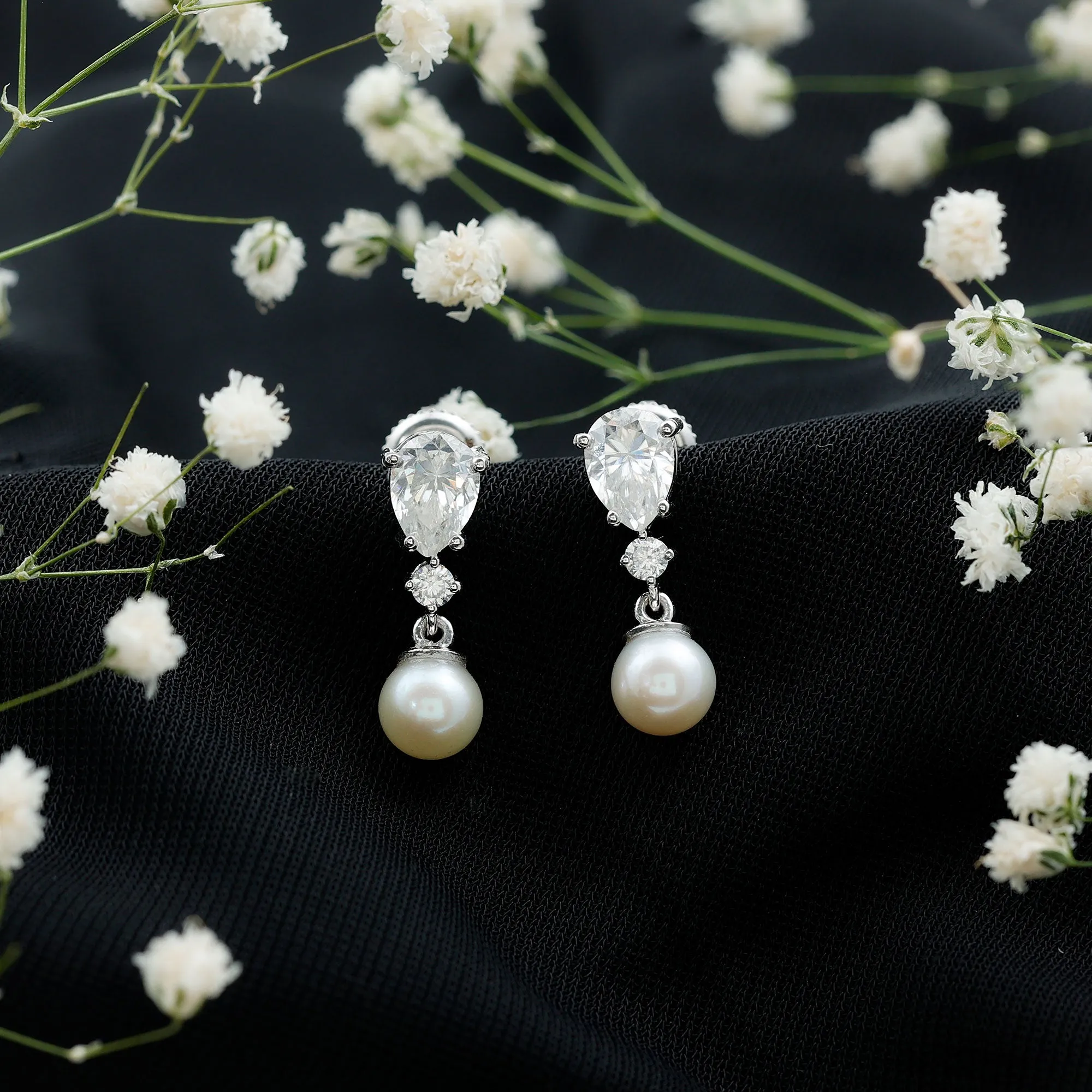 Moissanite and Freshwater Pearl Dangle Drop Earrings