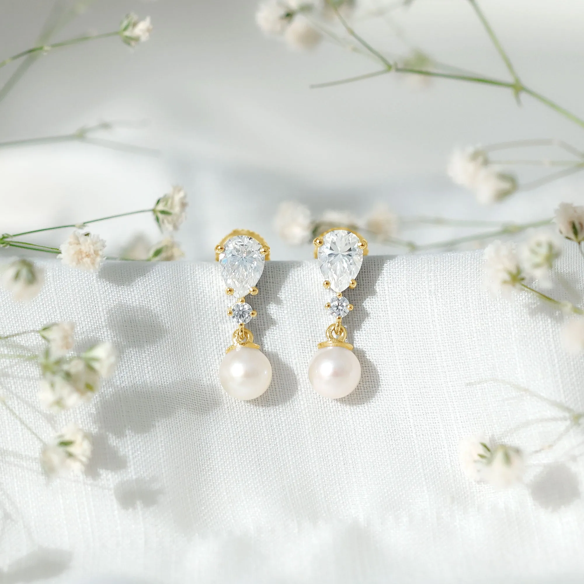 Moissanite and Freshwater Pearl Dangle Drop Earrings