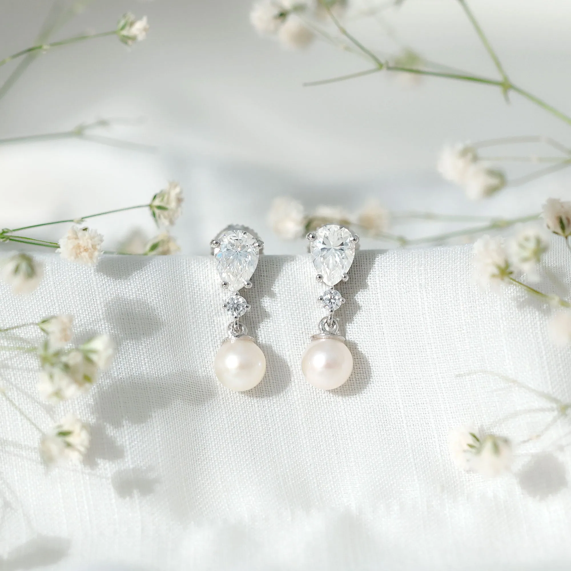 Moissanite and Freshwater Pearl Dangle Drop Earrings