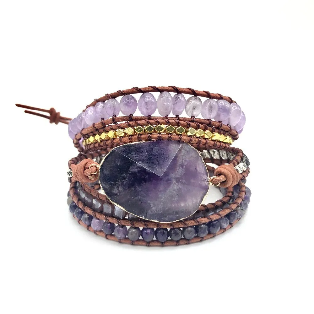 Natural Crystal Quartz Charm Leather Wrap Bracelets