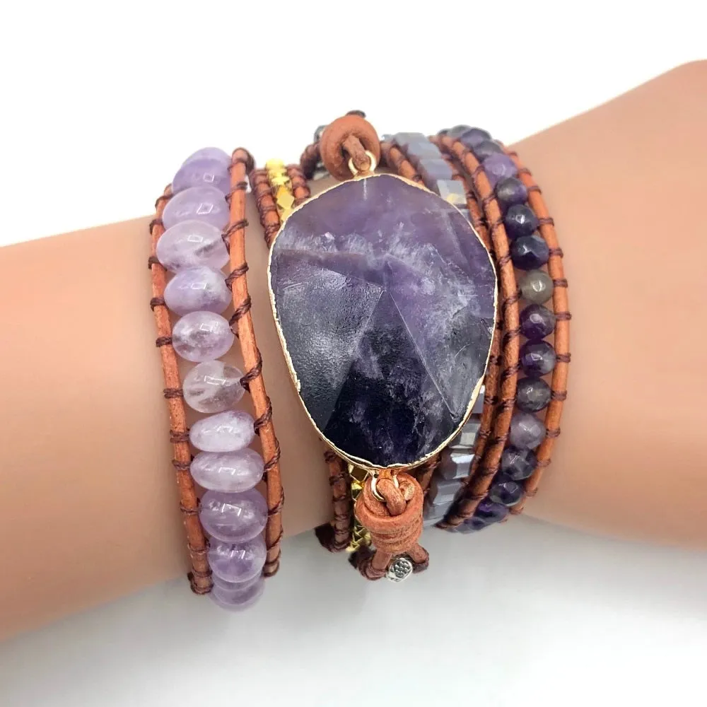 Natural Crystal Quartz Charm Leather Wrap Bracelets