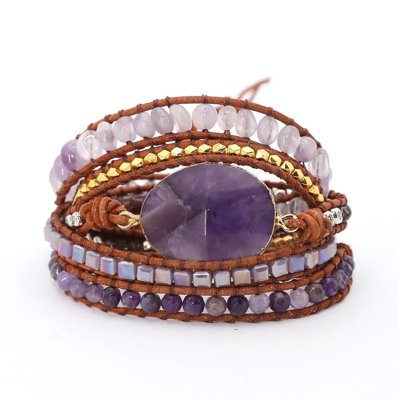 Natural Crystal Quartz Charm Leather Wrap Bracelets
