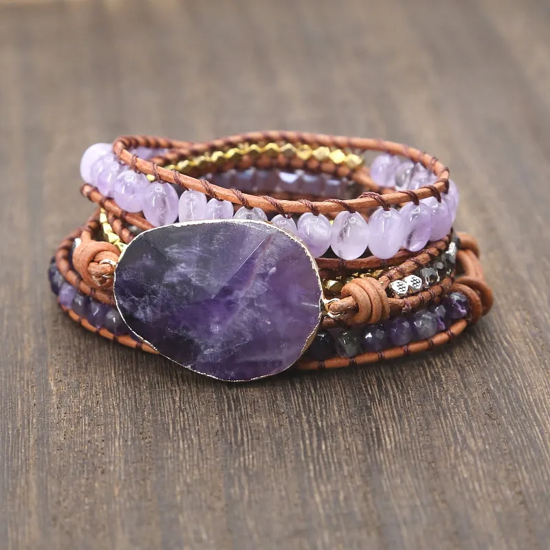 Natural Crystal Quartz Charm Leather Wrap Bracelets