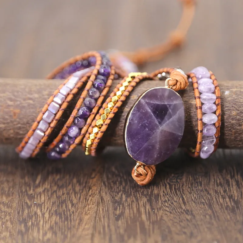 Natural Crystal Quartz Charm Leather Wrap Bracelets