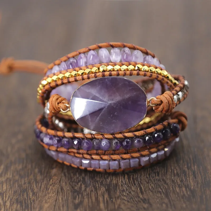 Natural Crystal Quartz Charm Leather Wrap Bracelets