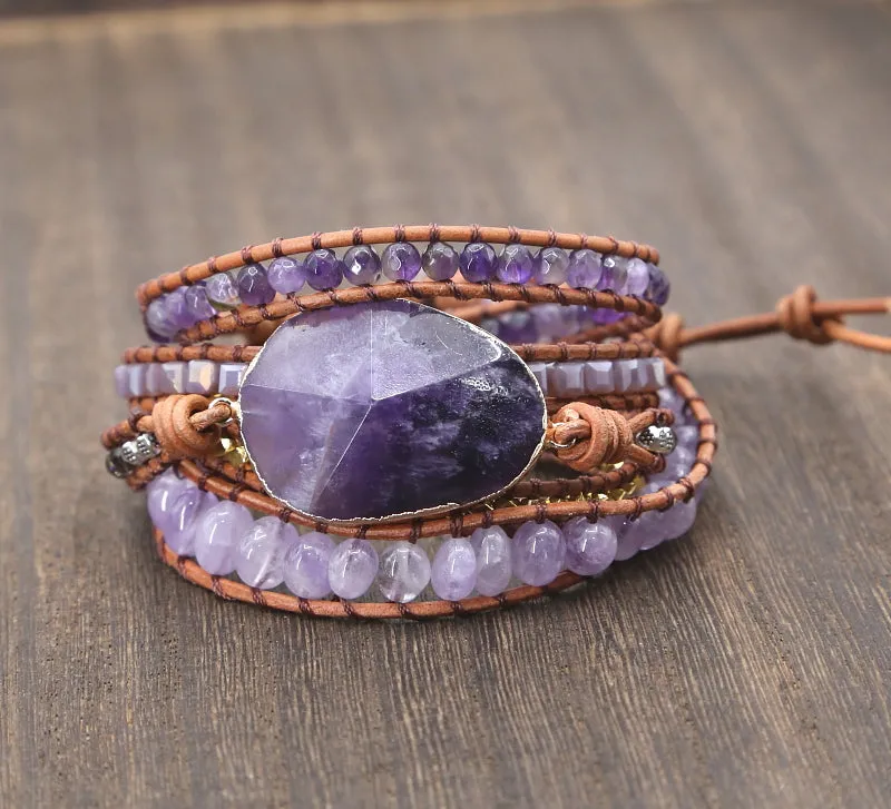Natural Crystal Quartz Charm Leather Wrap Bracelets