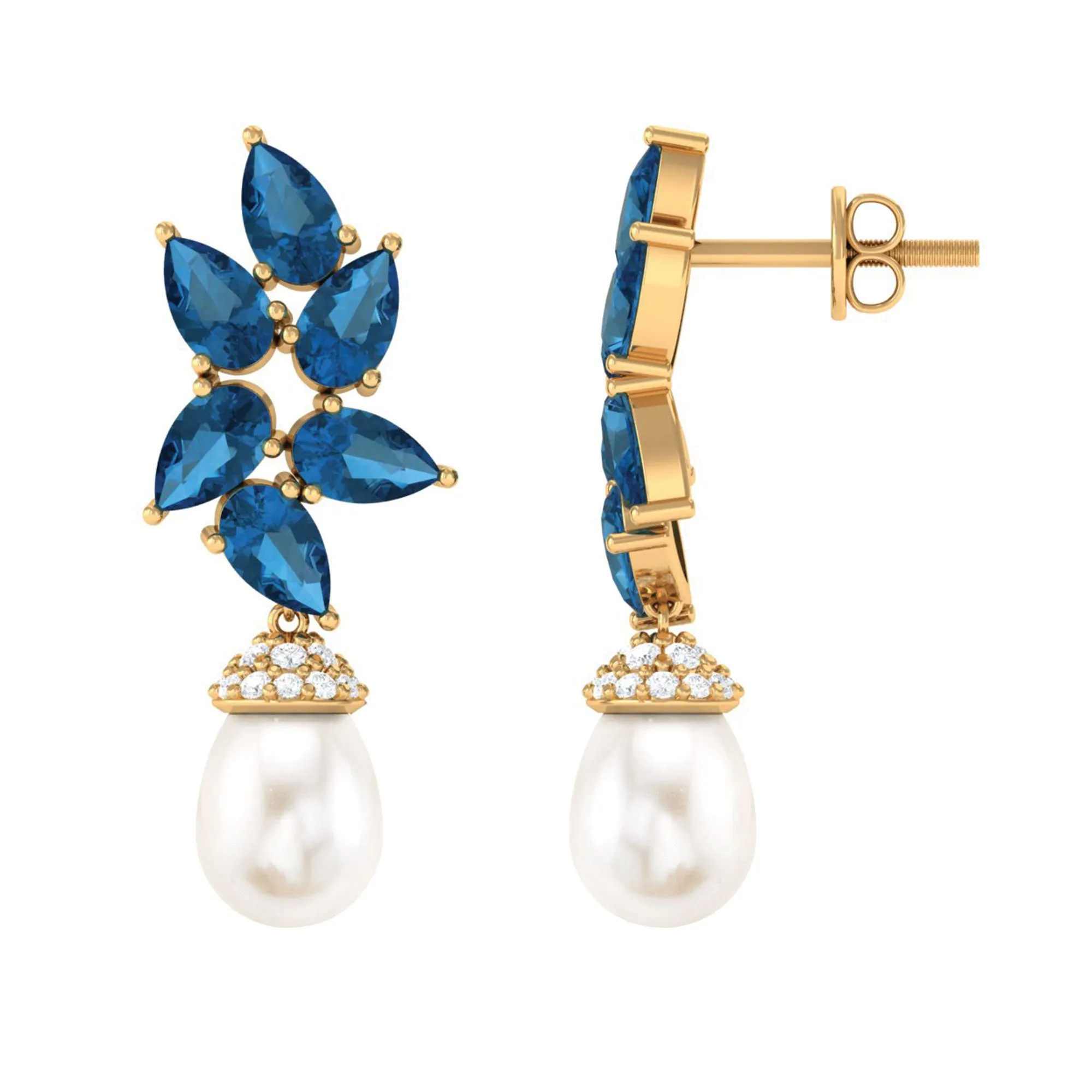 Nature Inspired Freshwater Pearl Drop Earrings with London Blue Topaz