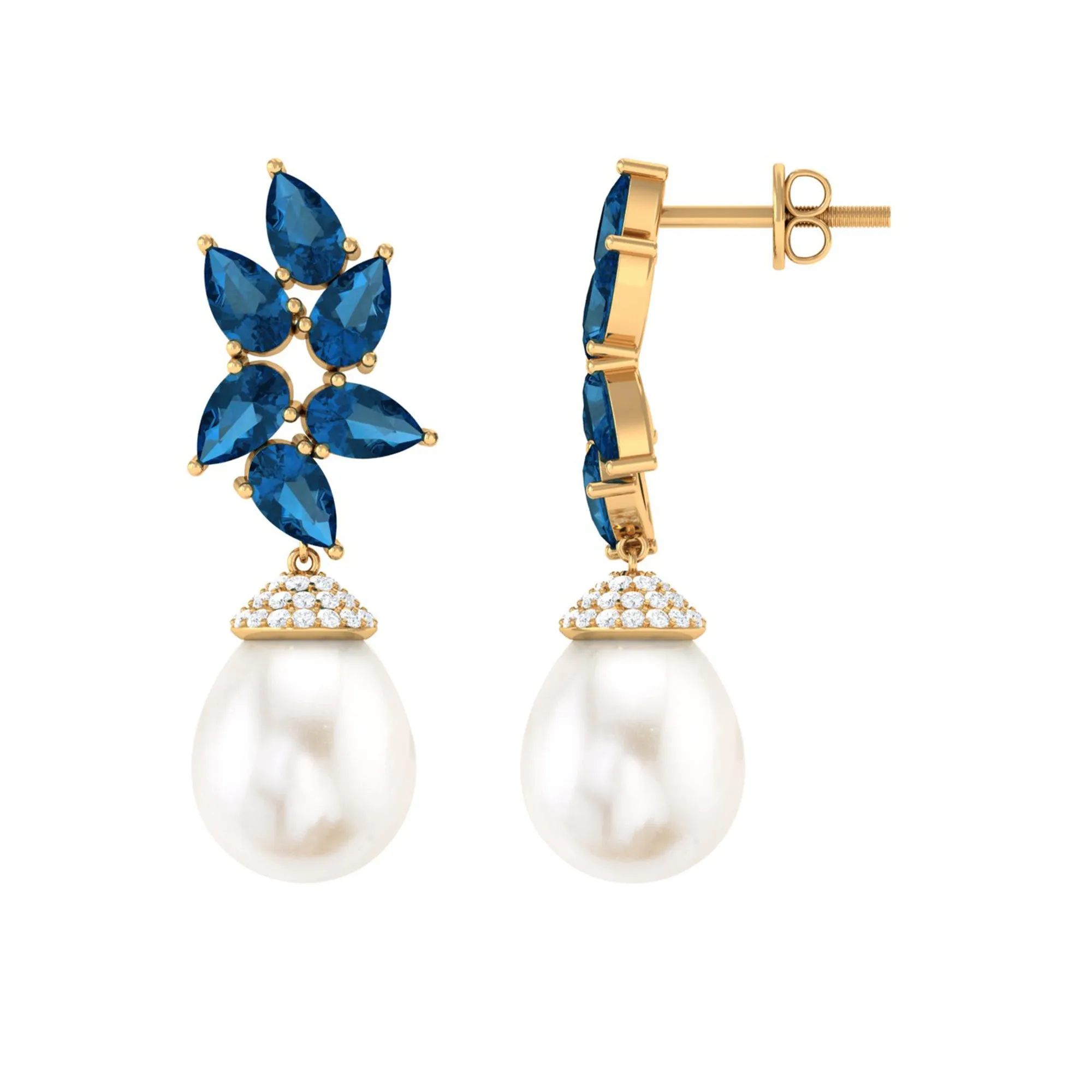 Nature Inspired Freshwater Pearl Drop Earrings with London Blue Topaz