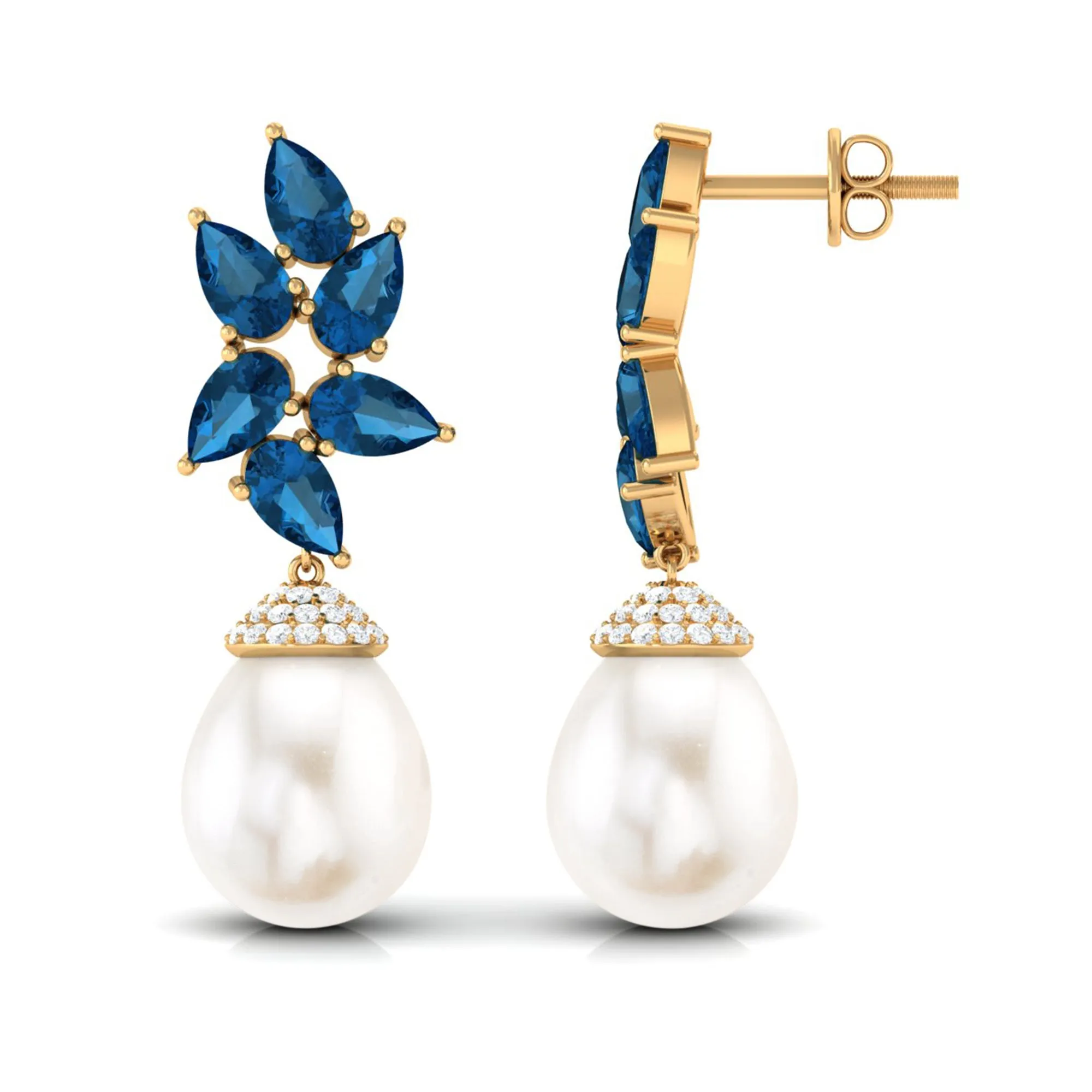 Nature Inspired Freshwater Pearl Drop Earrings with London Blue Topaz