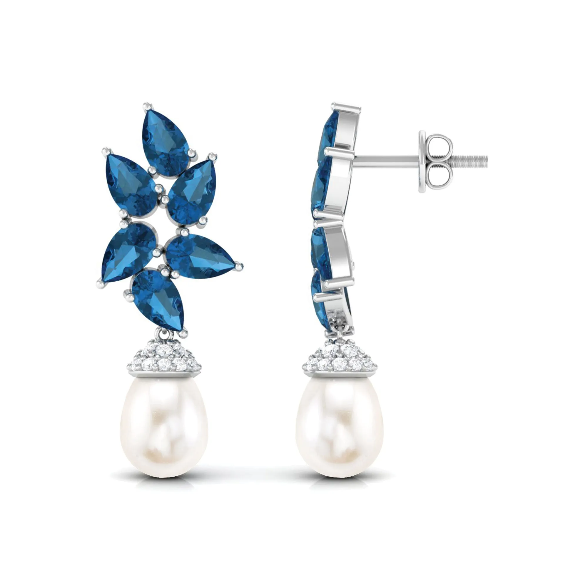 Nature Inspired Freshwater Pearl Drop Earrings with London Blue Topaz