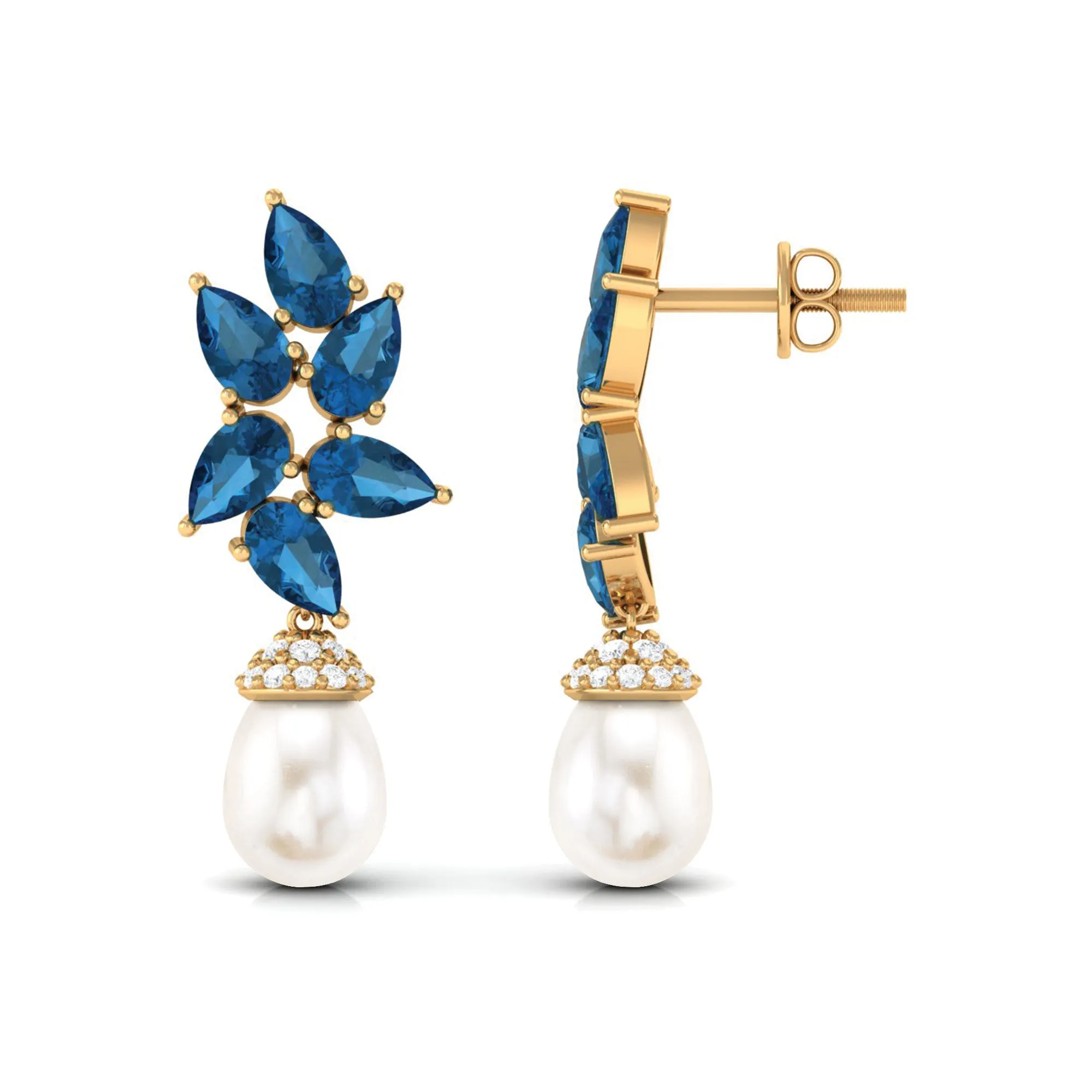 Nature Inspired Freshwater Pearl Drop Earrings with London Blue Topaz