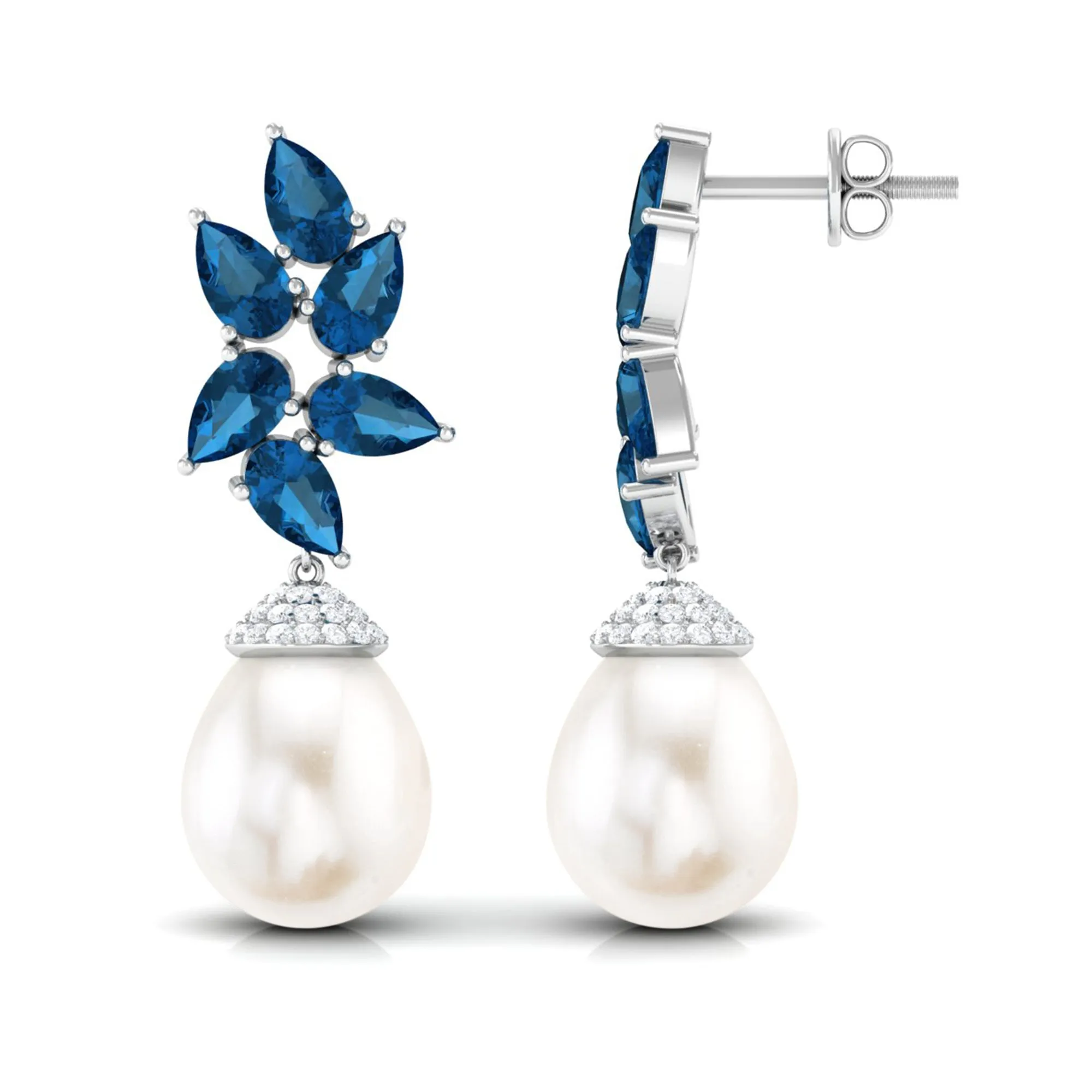 Nature Inspired Freshwater Pearl Drop Earrings with London Blue Topaz