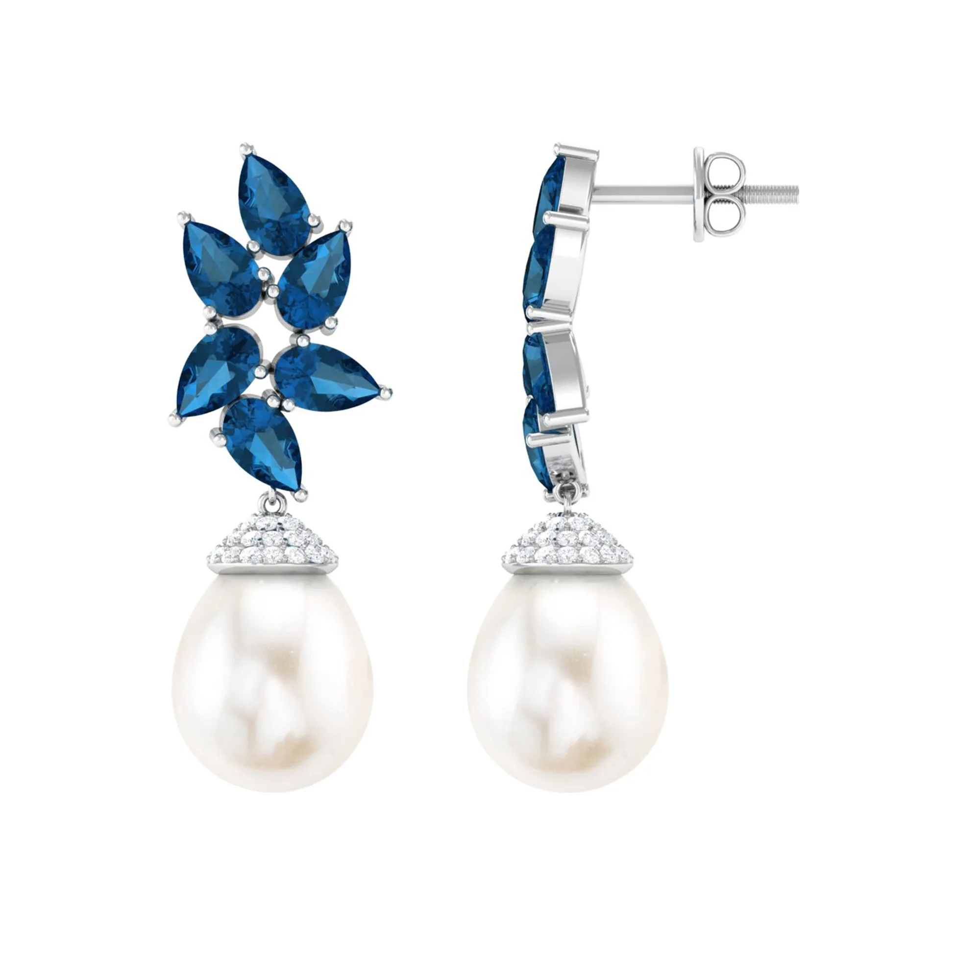 Nature Inspired Freshwater Pearl Drop Earrings with London Blue Topaz
