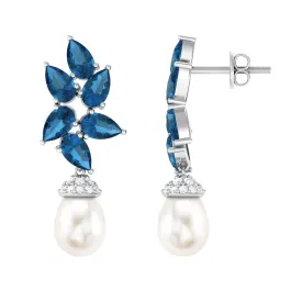 Nature Inspired Freshwater Pearl Drop Earrings with London Blue Topaz