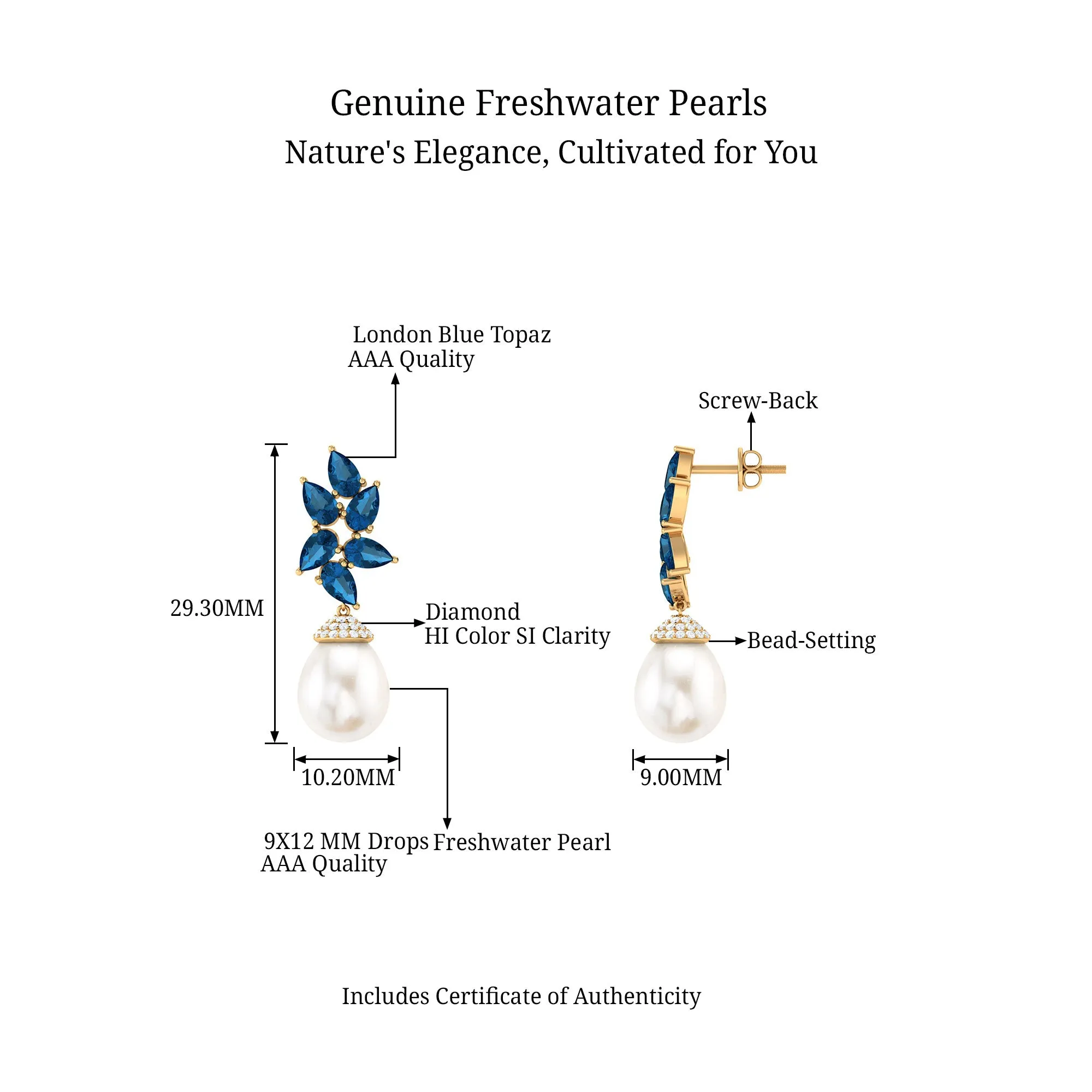 Nature Inspired Freshwater Pearl Drop Earrings with London Blue Topaz