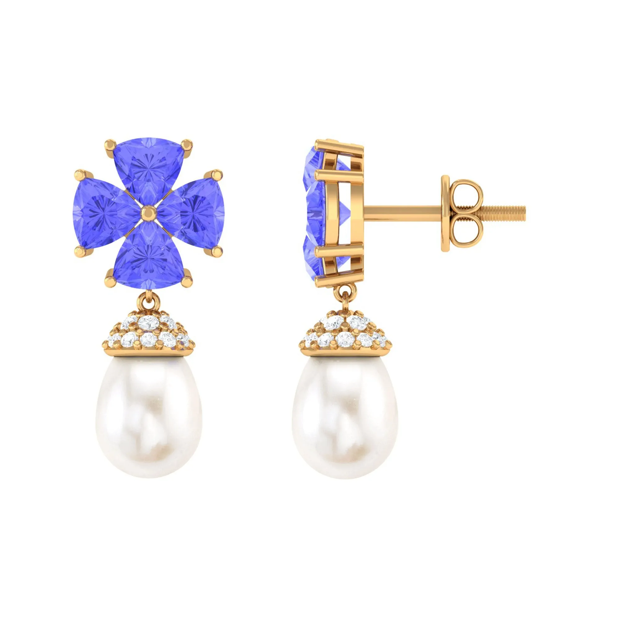 Nature Inspired Freshwater Pearl Drop Earrings with Tanzanite