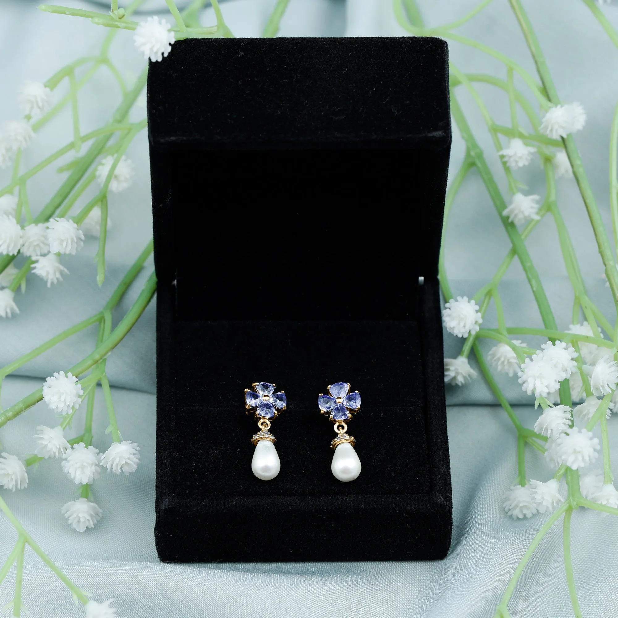 Nature Inspired Freshwater Pearl Drop Earrings with Tanzanite