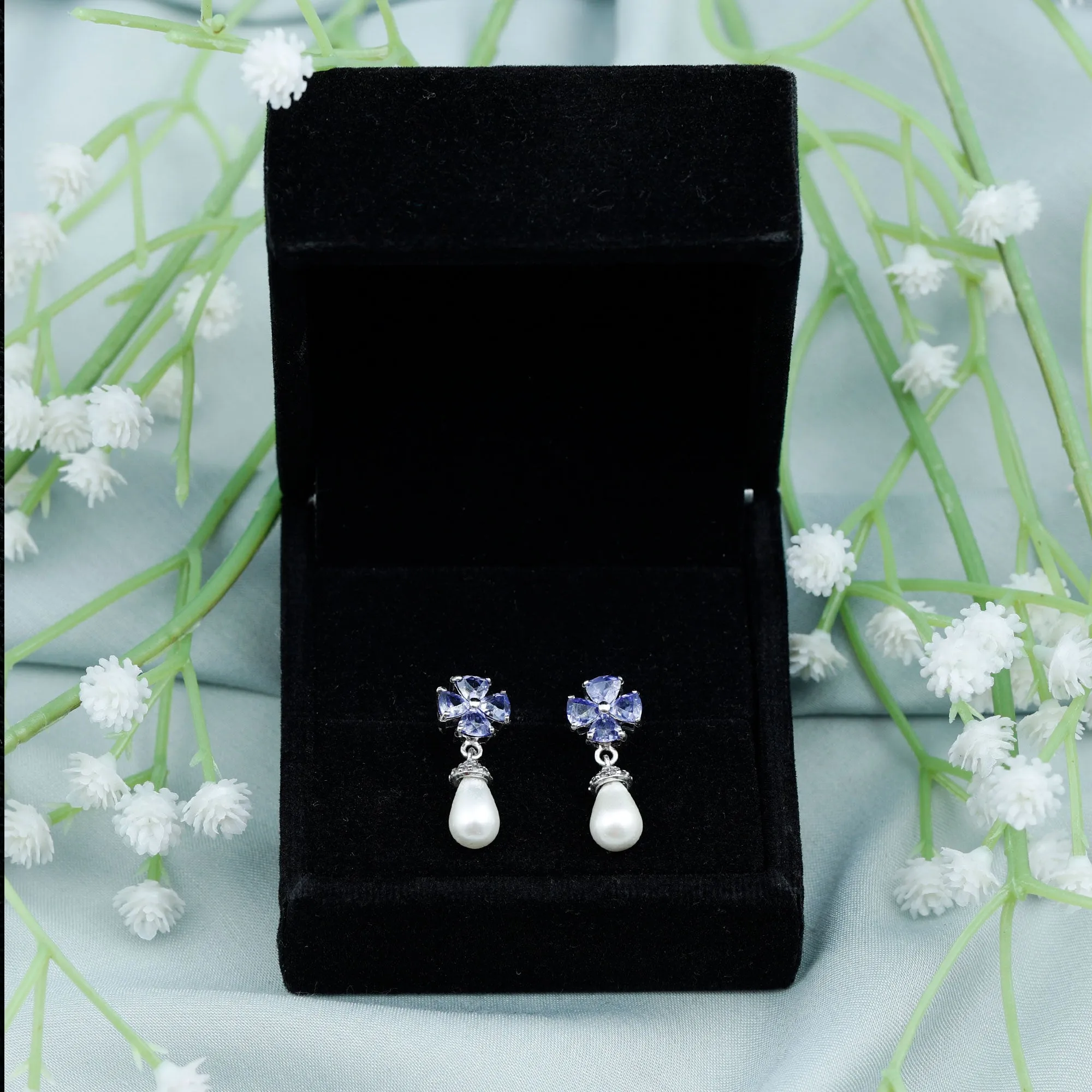 Nature Inspired Freshwater Pearl Drop Earrings with Tanzanite