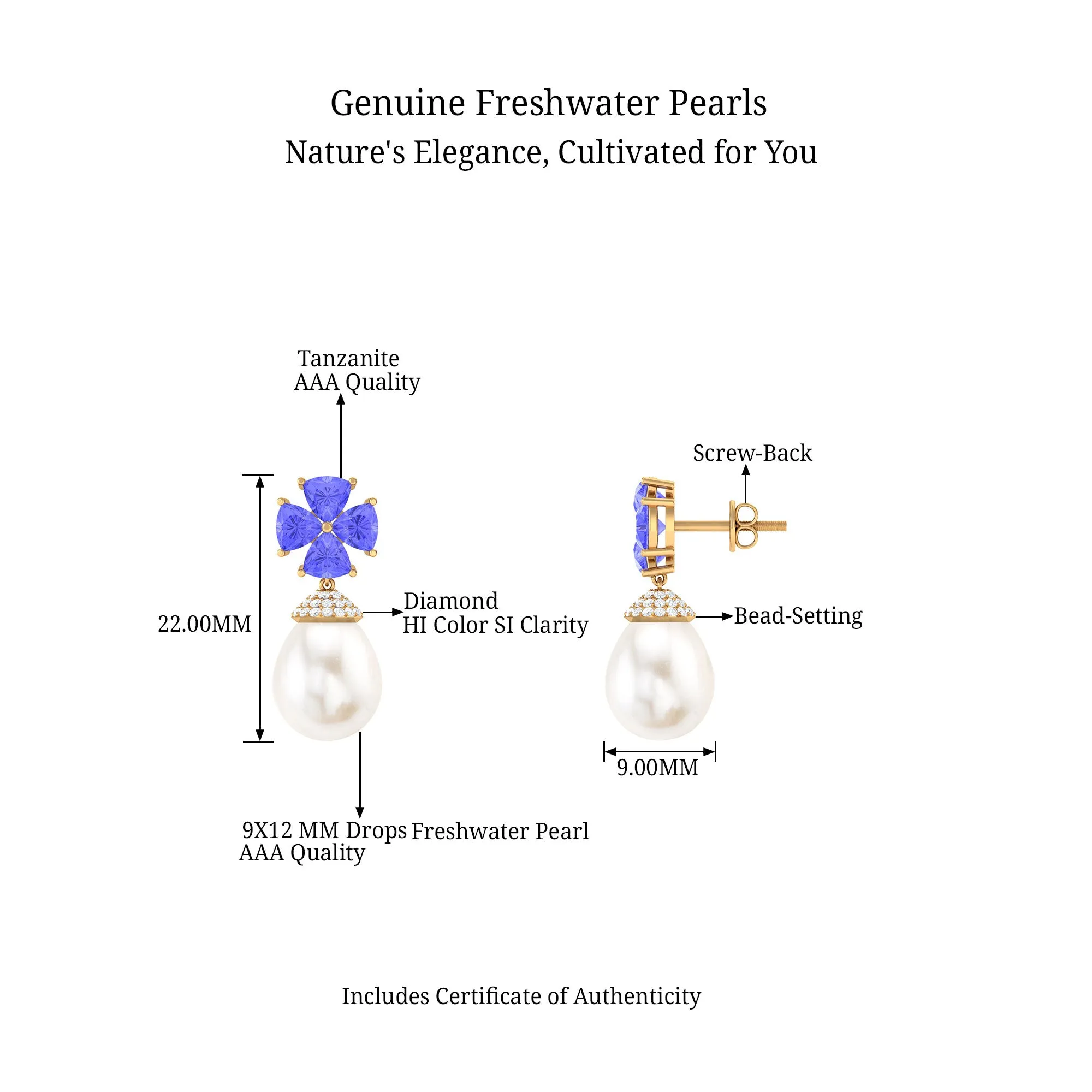 Nature Inspired Freshwater Pearl Drop Earrings with Tanzanite