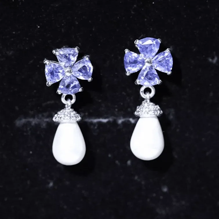Nature Inspired Freshwater Pearl Drop Earrings with Tanzanite
