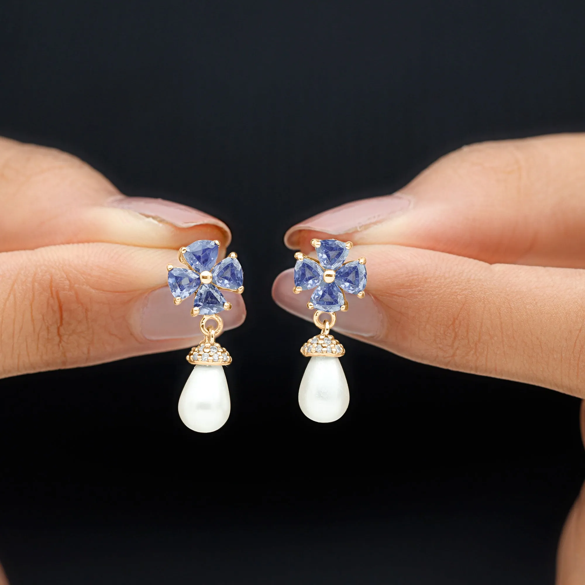 Nature Inspired Freshwater Pearl Drop Earrings with Tanzanite