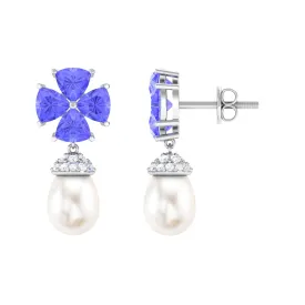 Nature Inspired Freshwater Pearl Drop Earrings with Tanzanite