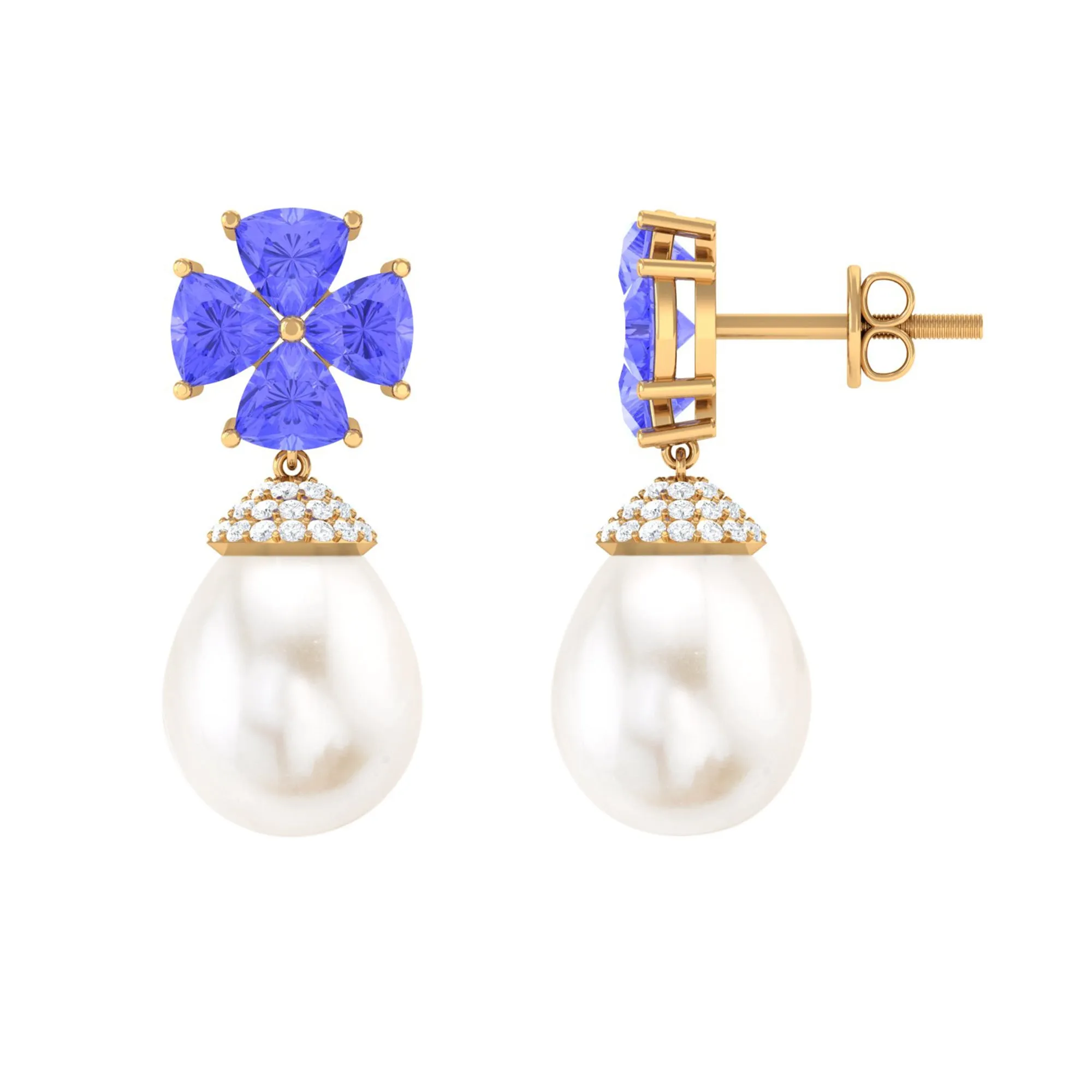 Nature Inspired Freshwater Pearl Drop Earrings with Tanzanite
