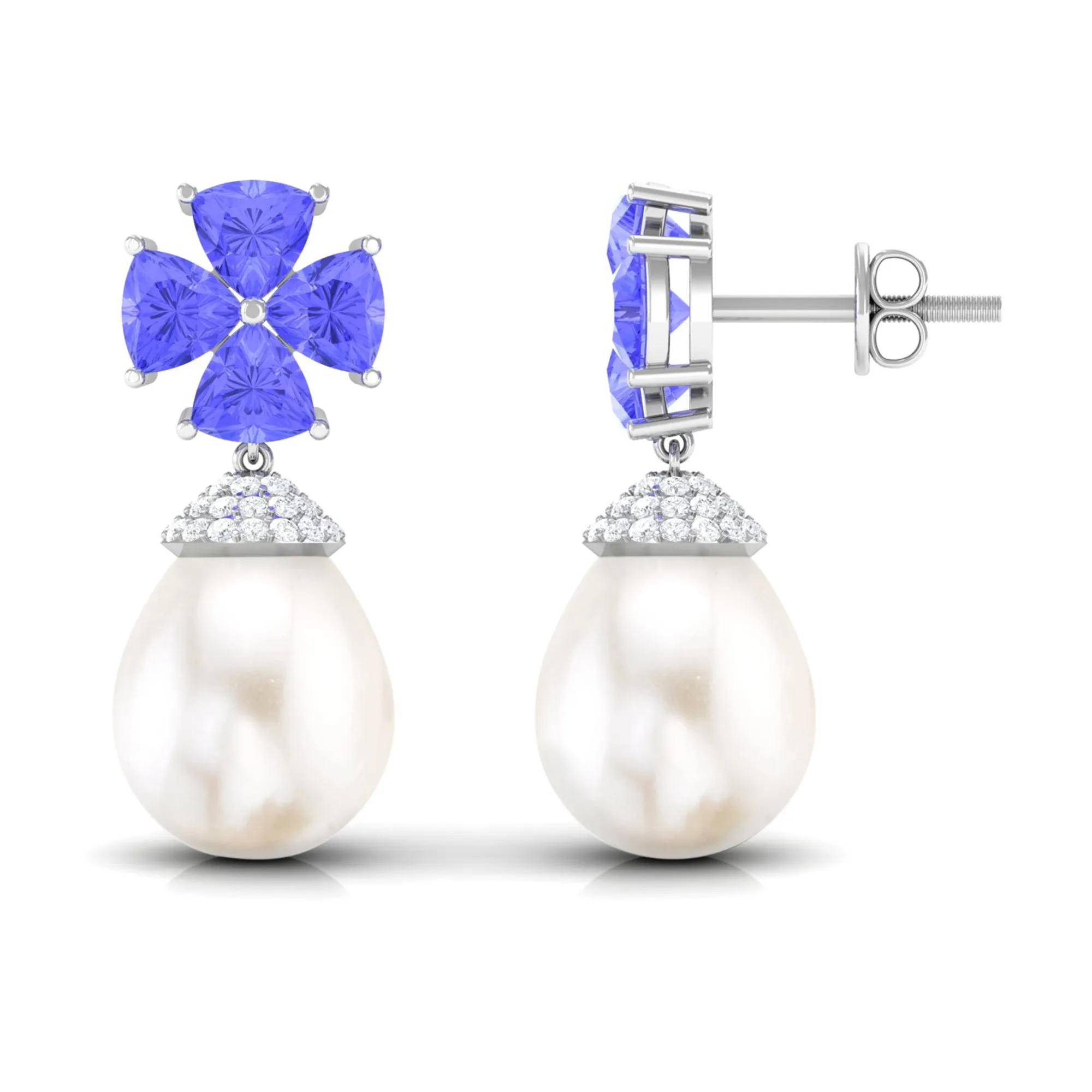 Nature Inspired Freshwater Pearl Drop Earrings with Tanzanite