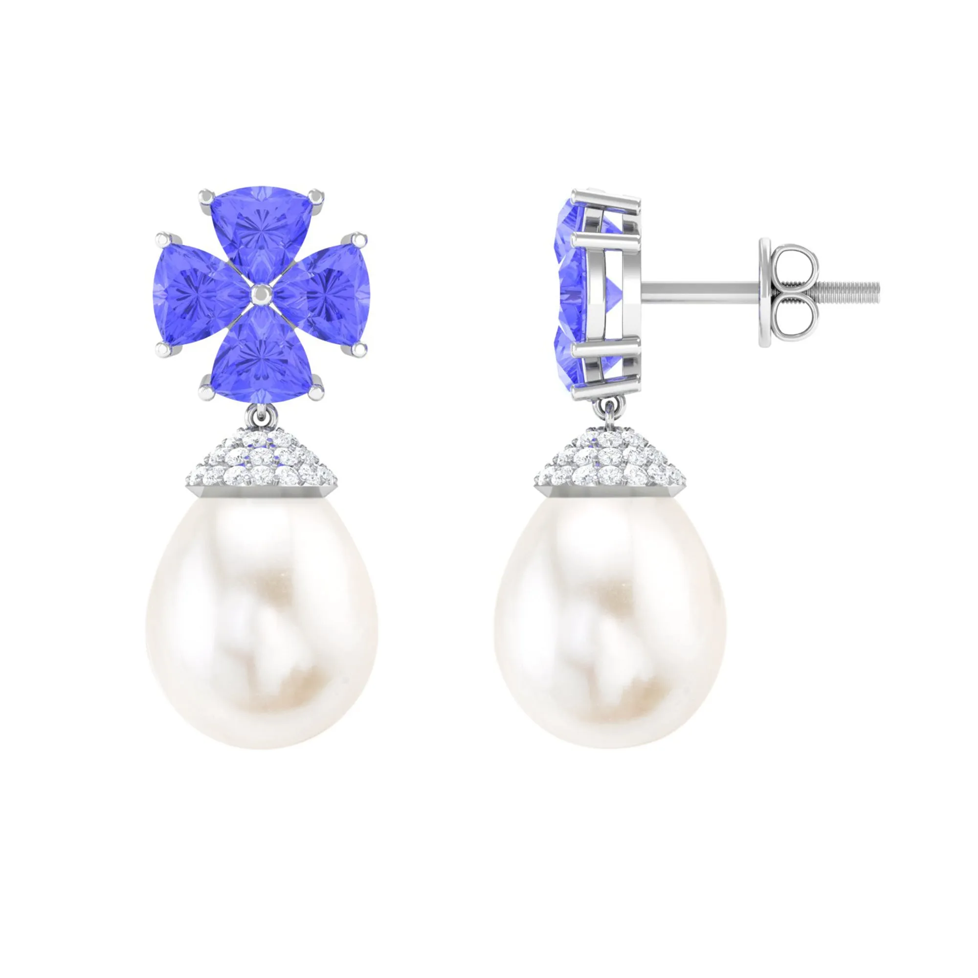Nature Inspired Freshwater Pearl Drop Earrings with Tanzanite