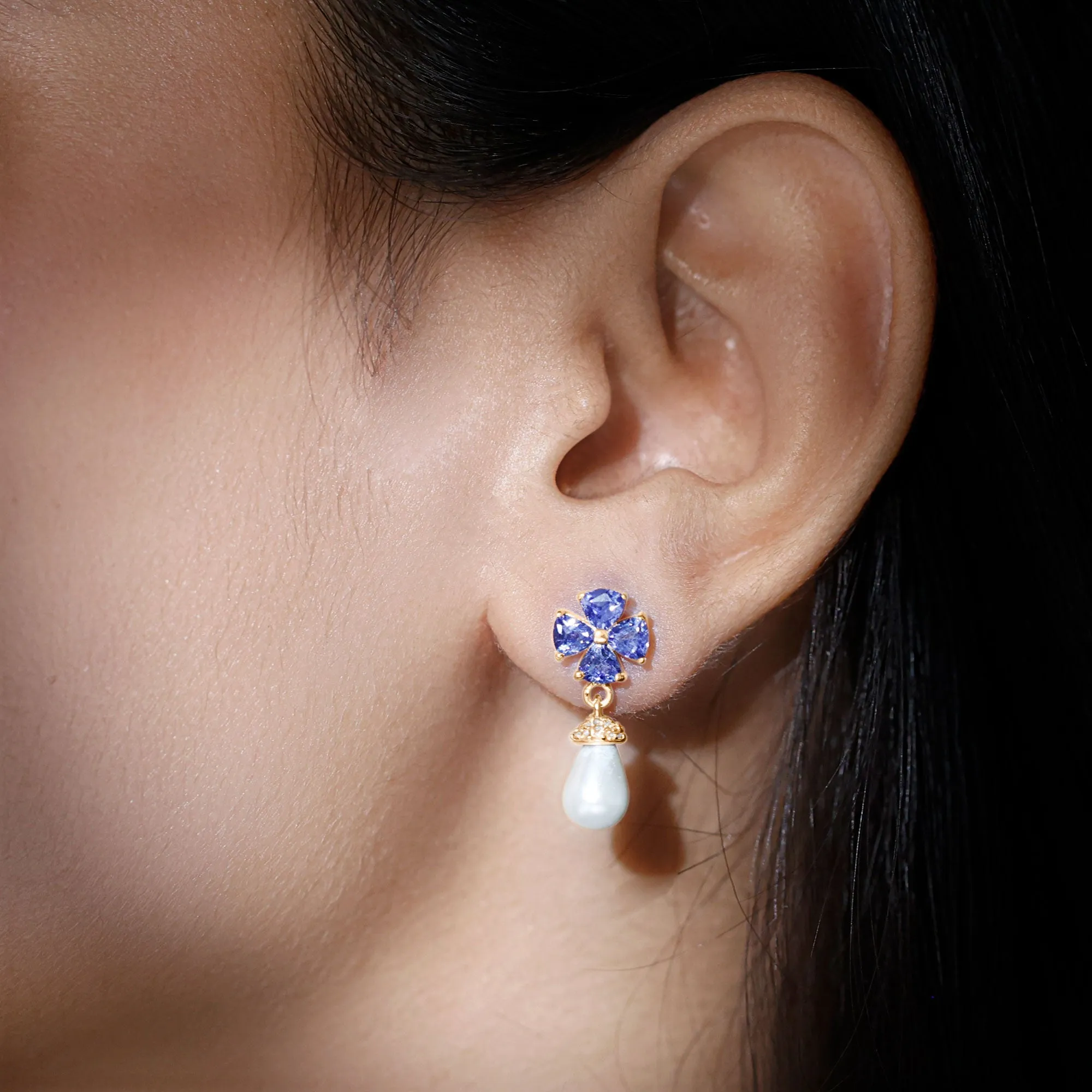 Nature Inspired Freshwater Pearl Drop Earrings with Tanzanite