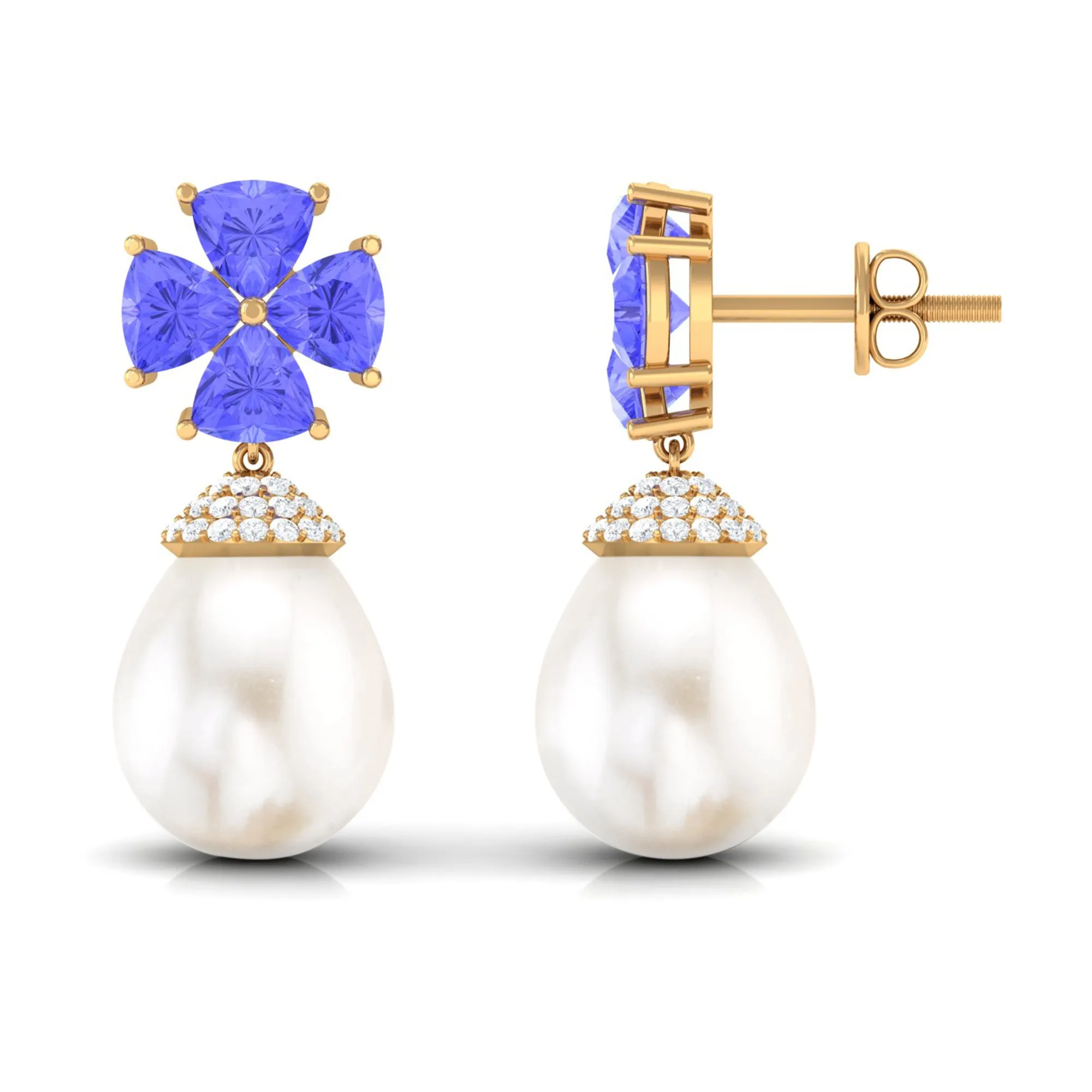 Nature Inspired Freshwater Pearl Drop Earrings with Tanzanite