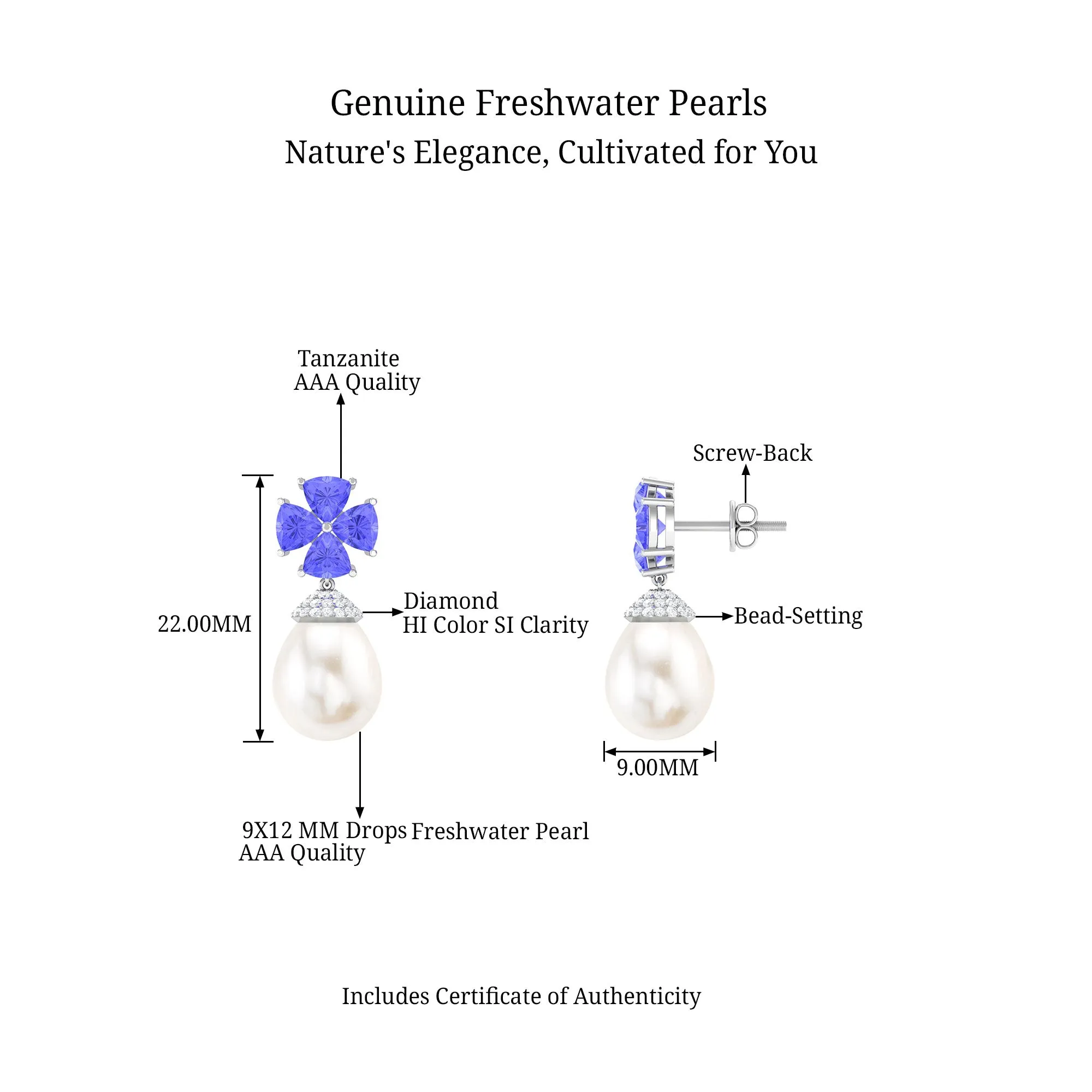 Nature Inspired Freshwater Pearl Drop Earrings with Tanzanite