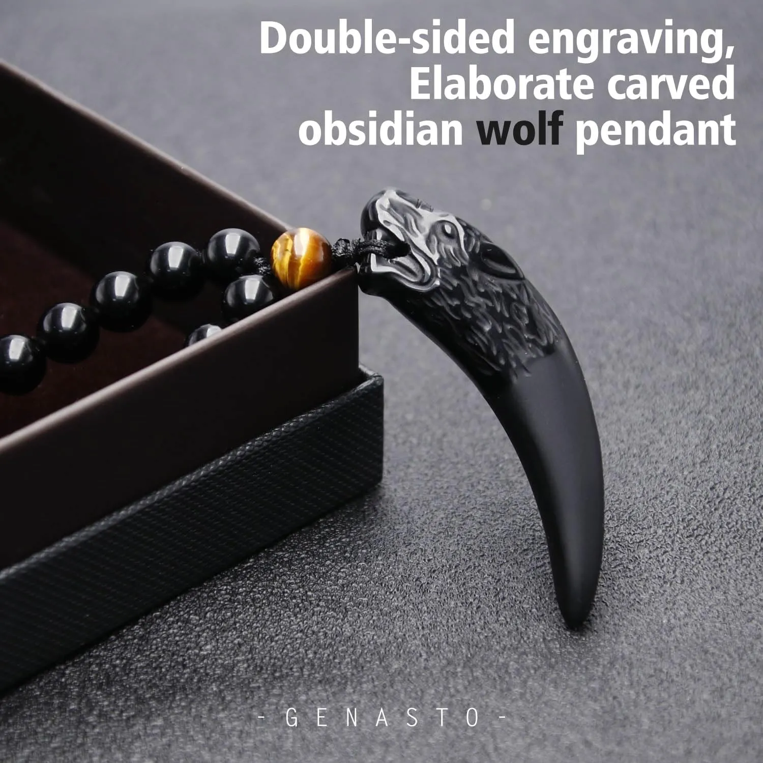 Obsidian Beaded Pendant,Wolf Tooth