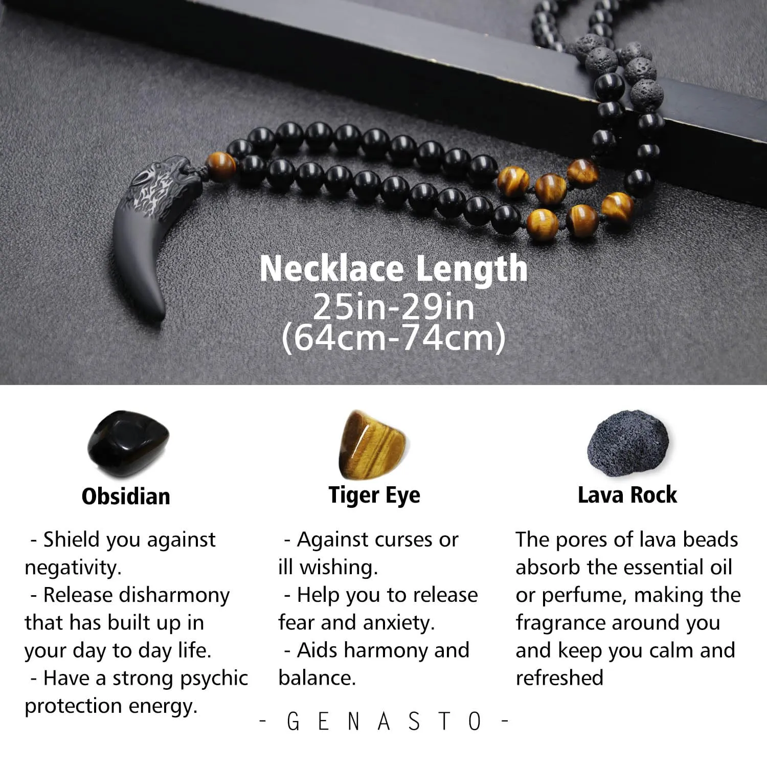 Obsidian Beaded Pendant,Wolf Tooth