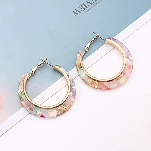 Pink & Gold Flowers Marble Look Resin Hoop Earrings