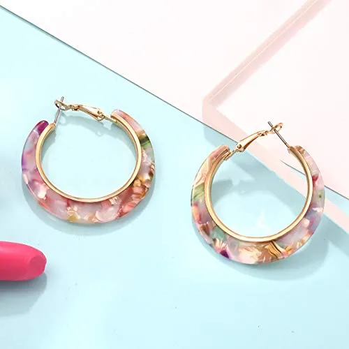 Pink & Gold Flowers Marble Look Resin Hoop Earrings