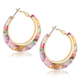 Pink & Gold Flowers Marble Look Resin Hoop Earrings