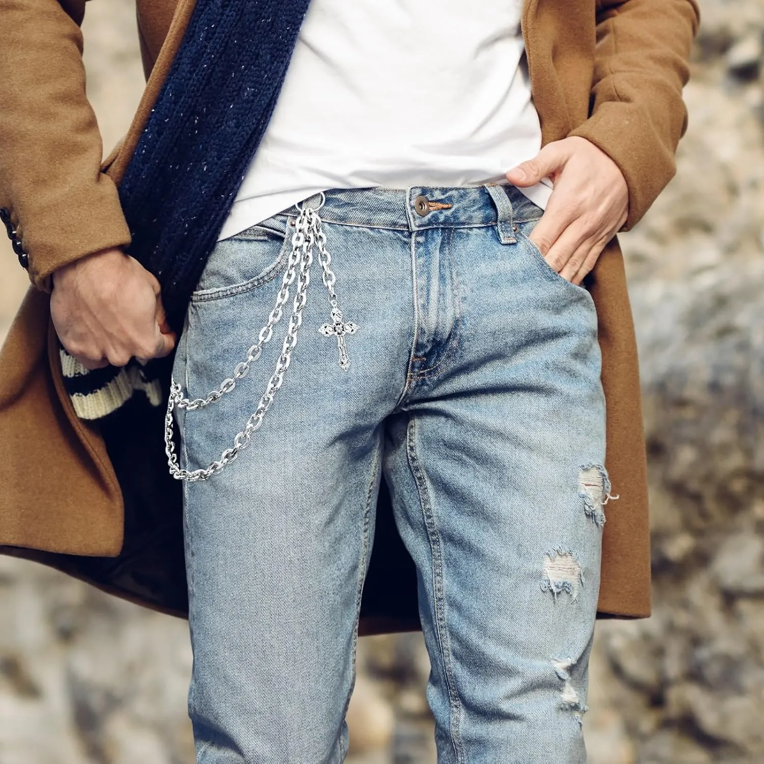 Punk Layered Pants Chain for Men Women, Silver Heart Cross Rivet Tassel Wallet Chains, Hip Hop Pocket Chains, Goth Jewelry Key Chain Wallet for Men