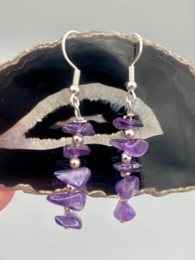Purple Amethyst Stone Chip Beaded Earrings, Hippie Vibe, Shabby Chic, Boho Chic, Nature Inspired, Bohemian