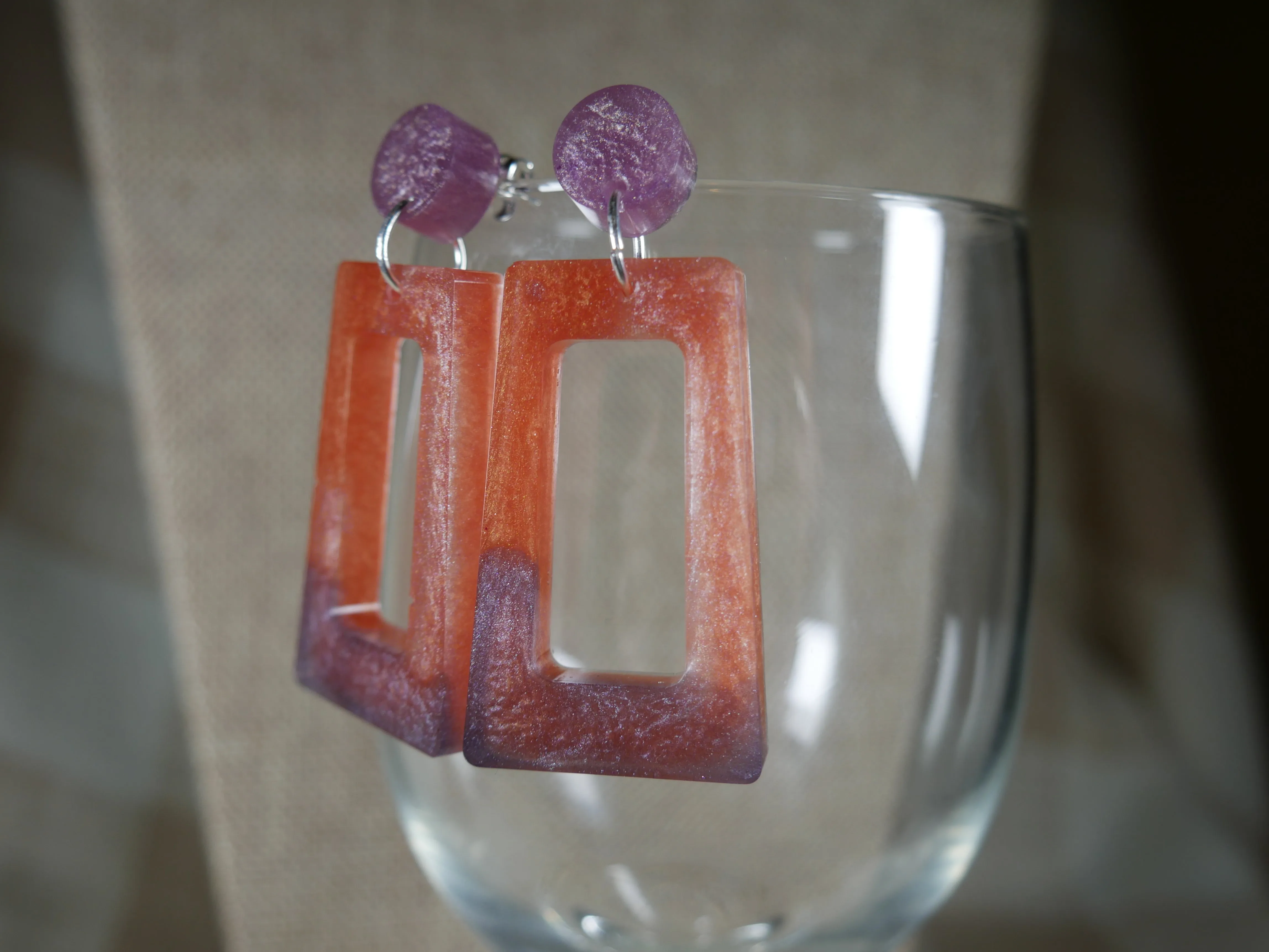 Resin Purple and Pink Rectangular Earrings