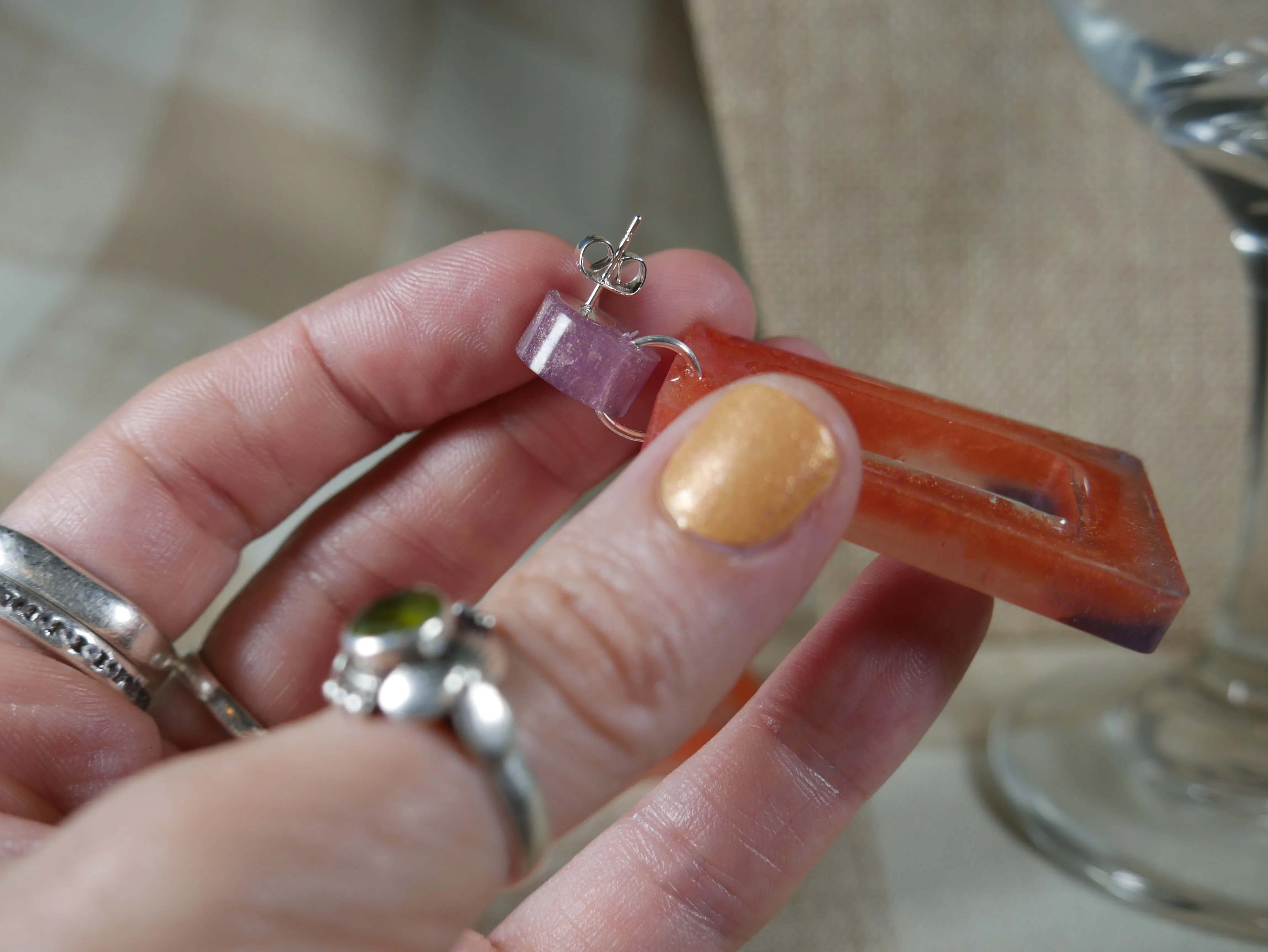 Resin Purple and Pink Rectangular Earrings