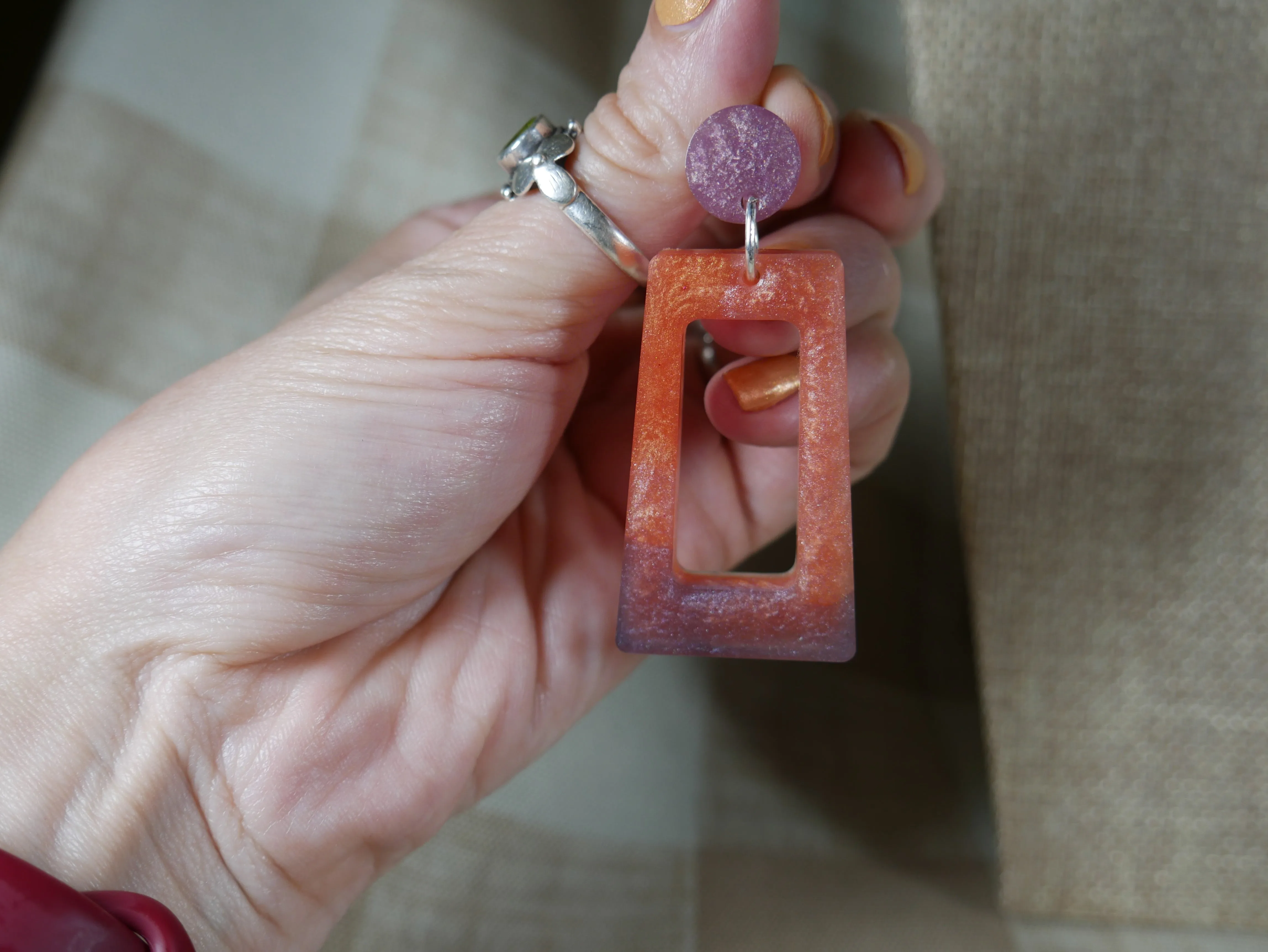 Resin Purple and Pink Rectangular Earrings