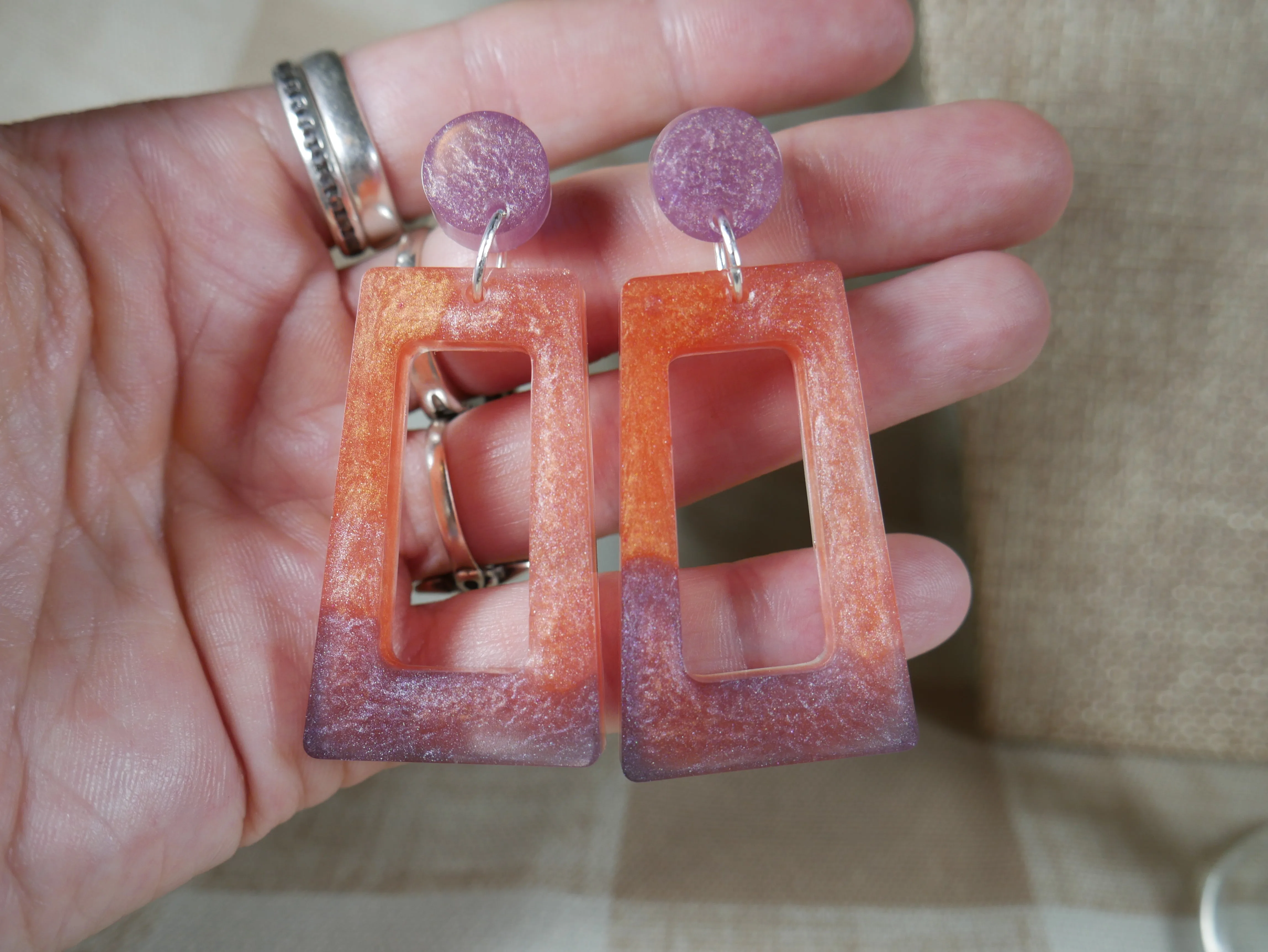 Resin Purple and Pink Rectangular Earrings
