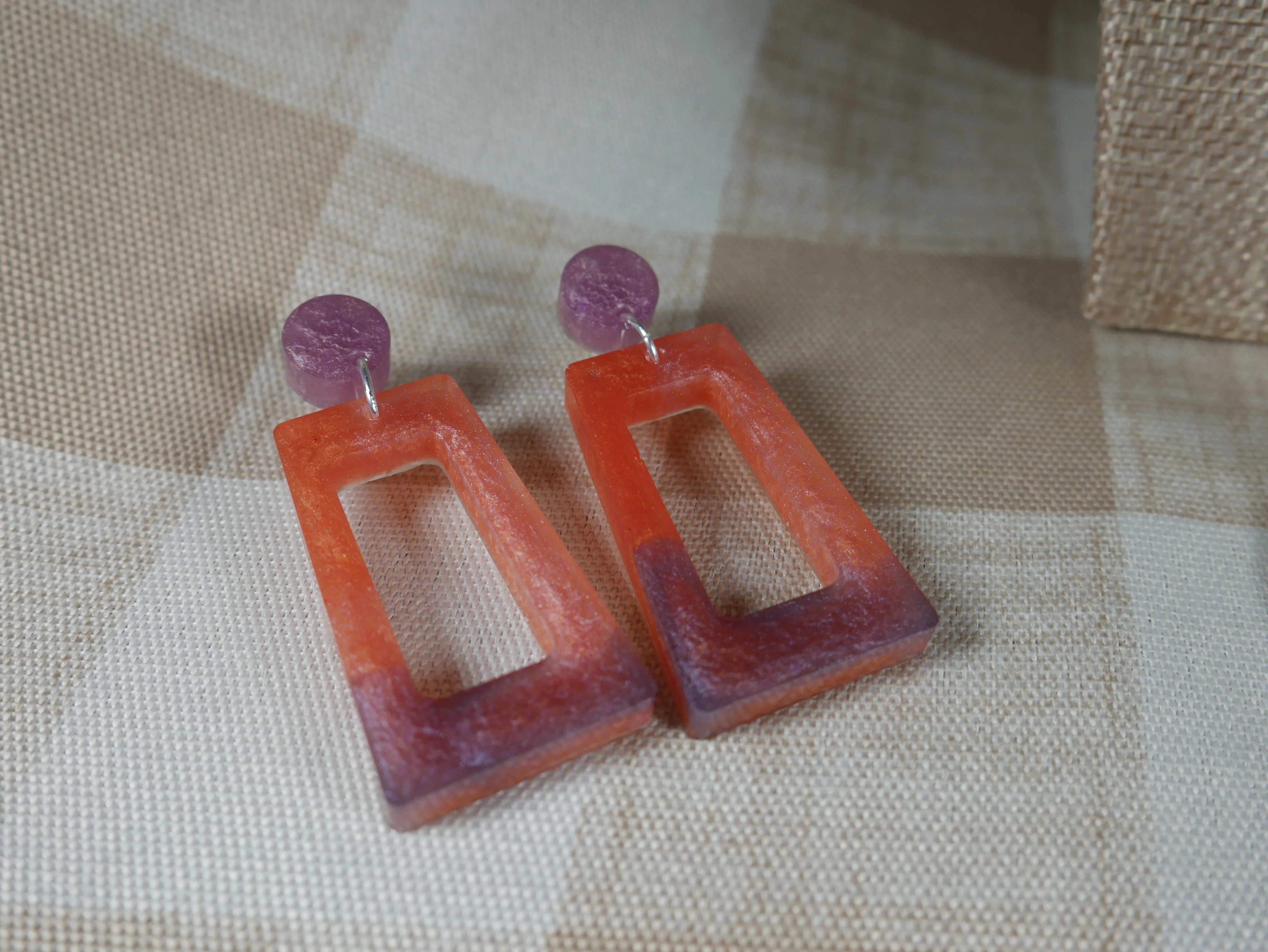 Resin Purple and Pink Rectangular Earrings