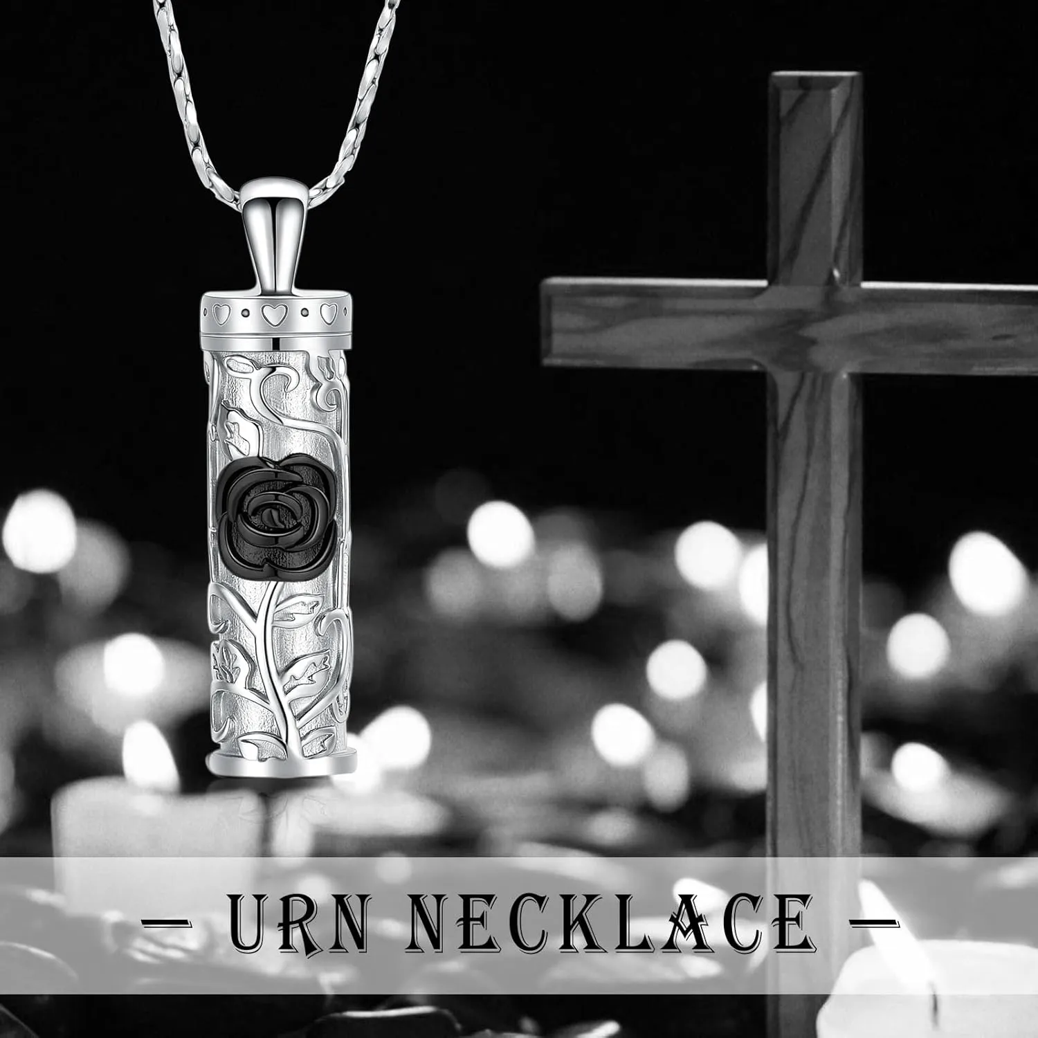 Rose Flower Urn Necklace Cylinder Bar Urn Necklace for Ashes Pendant Necklace Keepsake for Ashes Memory Keepsake Cremation Jewelry for Women Memorial