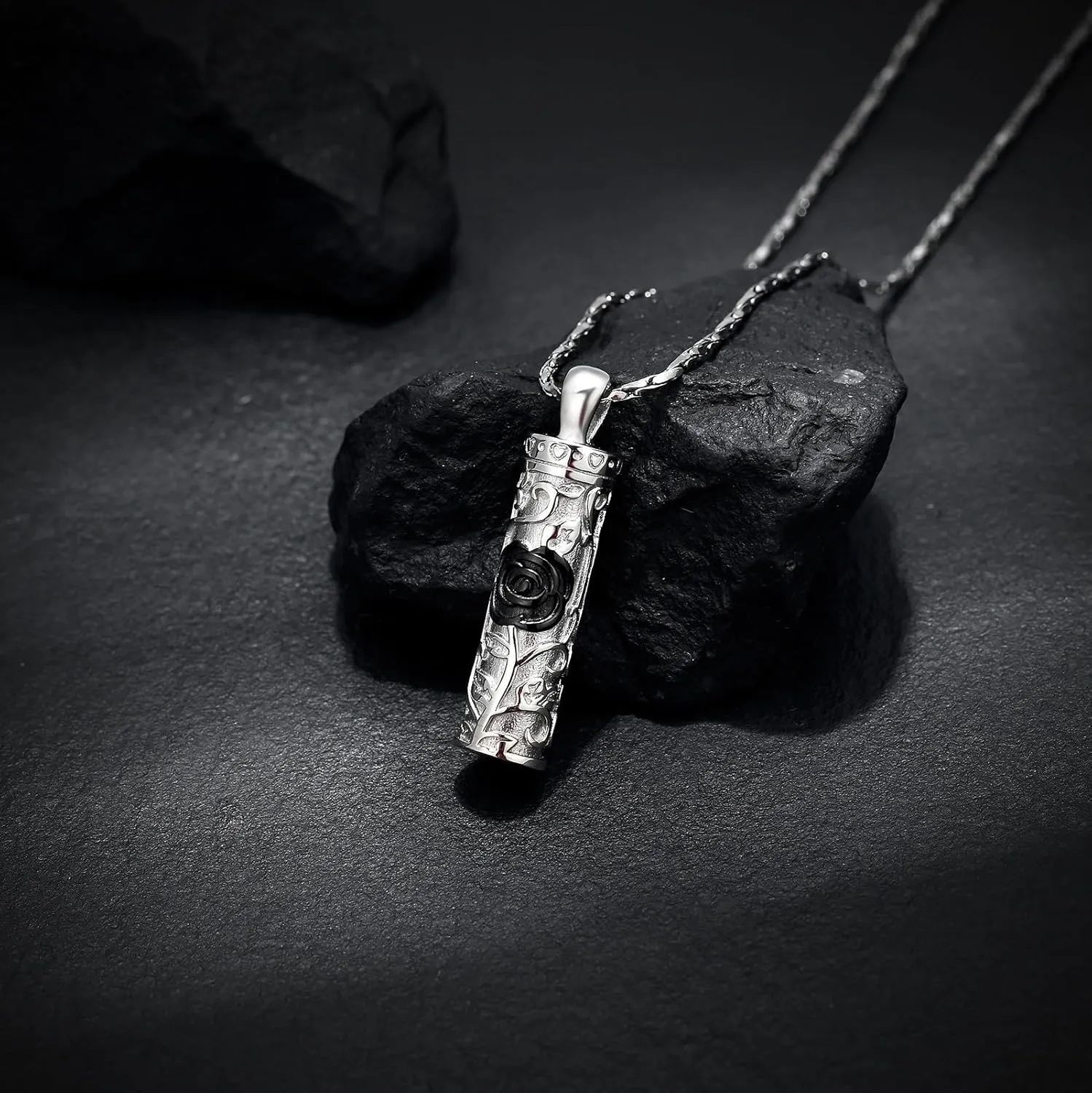 Rose Flower Urn Necklace Cylinder Bar Urn Necklace for Ashes Pendant Necklace Keepsake for Ashes Memory Keepsake Cremation Jewelry for Women Memorial