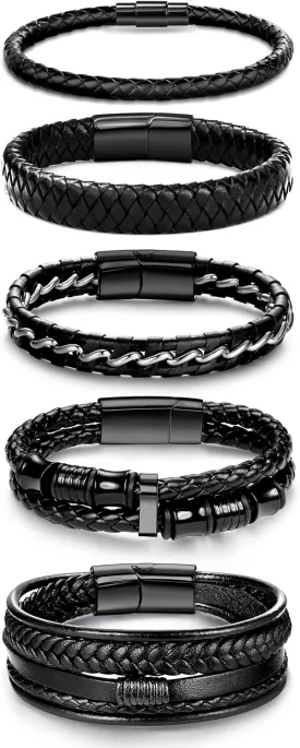 SAILIMUE 5 pcs Black Leather Bracelets for Men Women Braided Leather Wristband Cuff Bracelets Set 7.5-8.5 inch