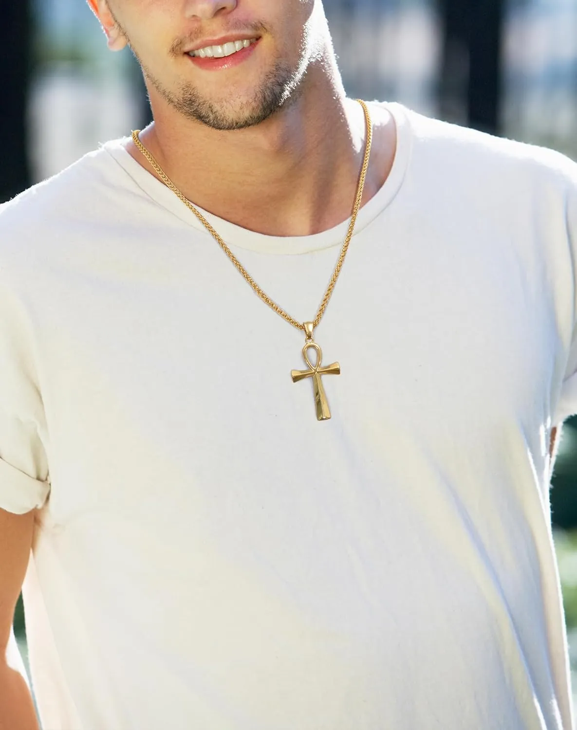 Stainless Steel Cross Ankh Necklace for Men Women, 18K Gold Plated Crucifix Pendant Bible Verse Philippians Christian Egyptian Religious 3mm Rolo Chain Jewelry Present